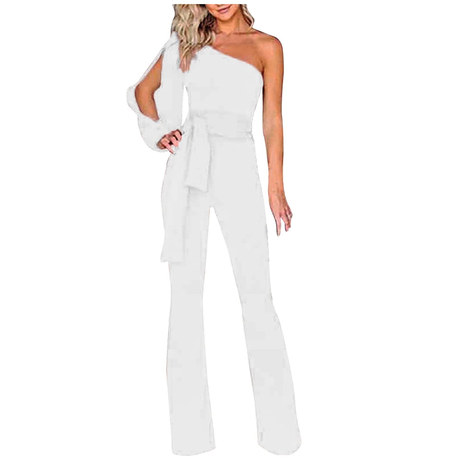 Trendy Women's Summer Jumpsuits 2024 - High Waist Tie Overalls, One Shoulder Romper for Cruise, Party & Vacation | Cute Dressy Outfits (White, Large) | Perfect for Beach Getaways, Date Nights & Summer Festivals
