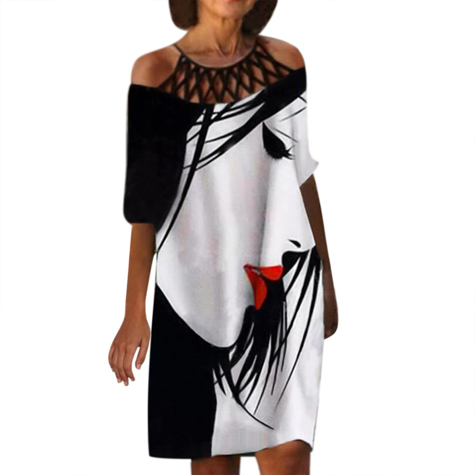 Women's Half Sleeve Round Neck Floral Print Hollow Out Sundress - Knee Length Midi Dress for Summer, Beach, Party & Casual Wear