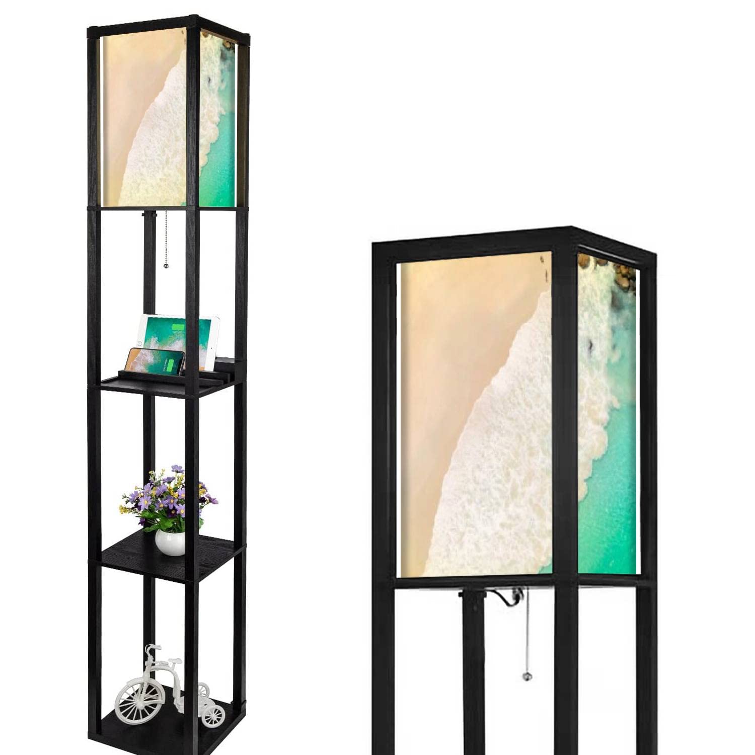 Modern Floor Lamp with Shelves, USB Ports & Power Outlet - Tropical Beach Drone Photo Design, Linen Fabric Shade, Corner Standing Lamp for Living Room & Bedroom - Perfect for Reading, Relaxation & Home Decor