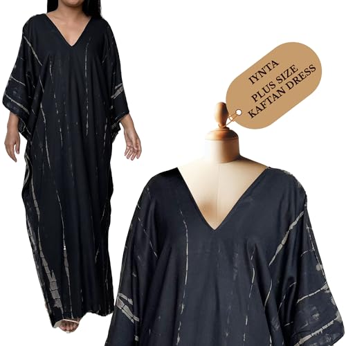 Plus Size Kaftan Dresses for Women - Handmade Tie-Dyed Maxi Caftan for Beach, Lounge & Night Out - Mother's Day Gift for Mom - 50in Black Boho Chic Dress - Perfect for Vacation, Pool Party & Summer Evenings