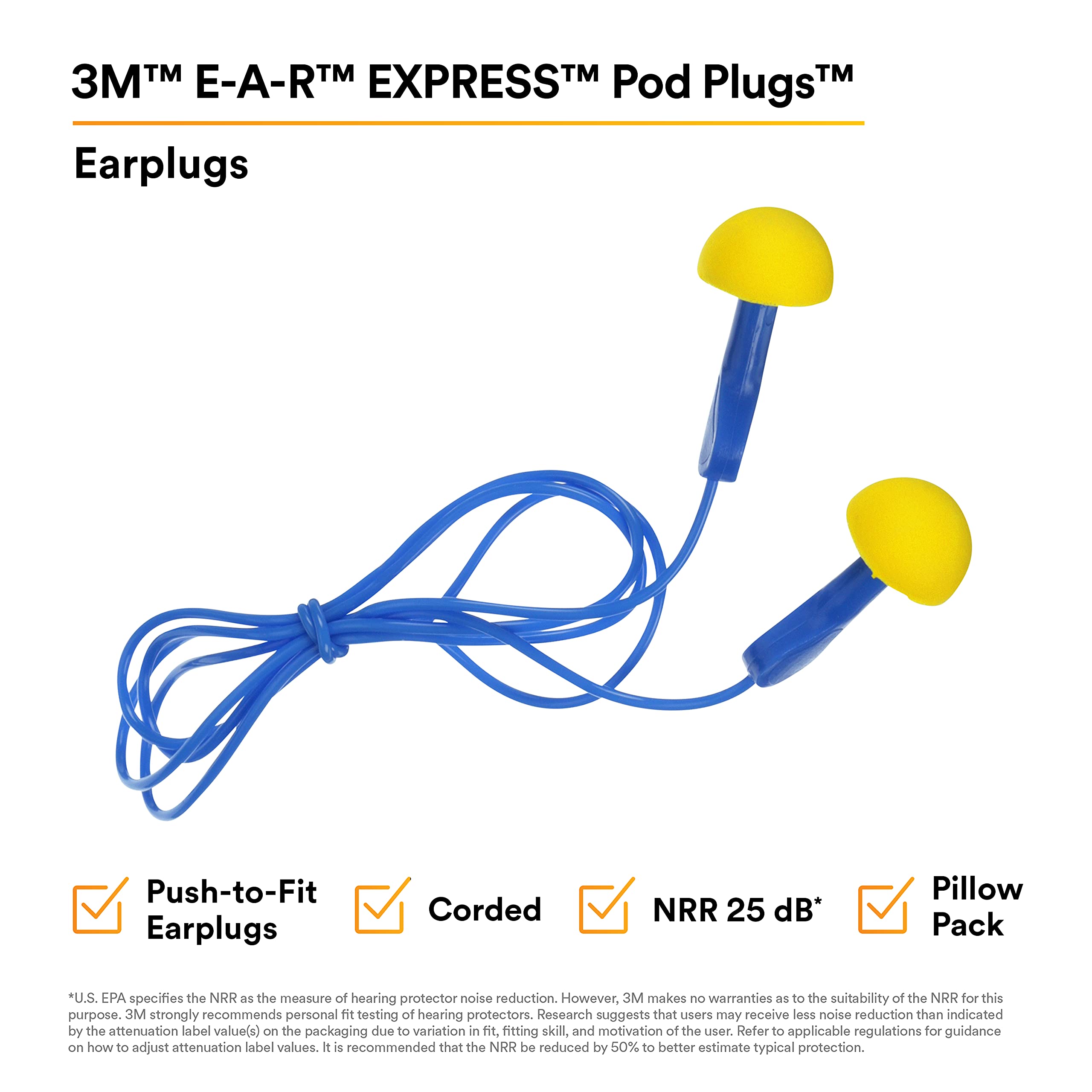 3M E-A-R EXPRESS Pod Plugs Ear Plugs 311-1114 - Corded Noise Reduction Earplugs with Blue Grips & Pillow Pack for Sleeping, Travel, and Work Safety