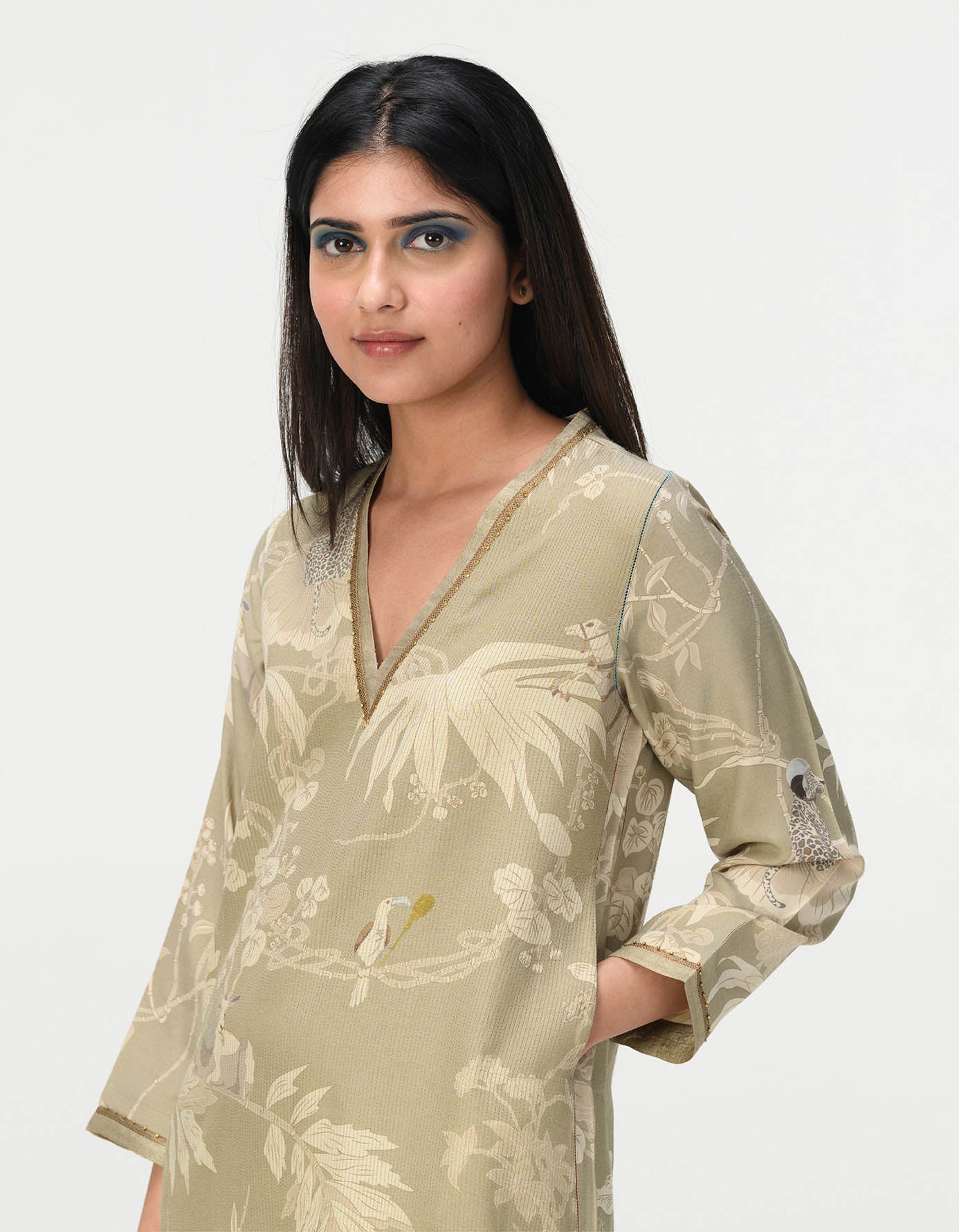 Roshan V Neck Kurta for Women - Premium Muga Satin Fabric in Oyster Grey - Elegant Indian Ethnic Wear for Festivals & Special Occasions