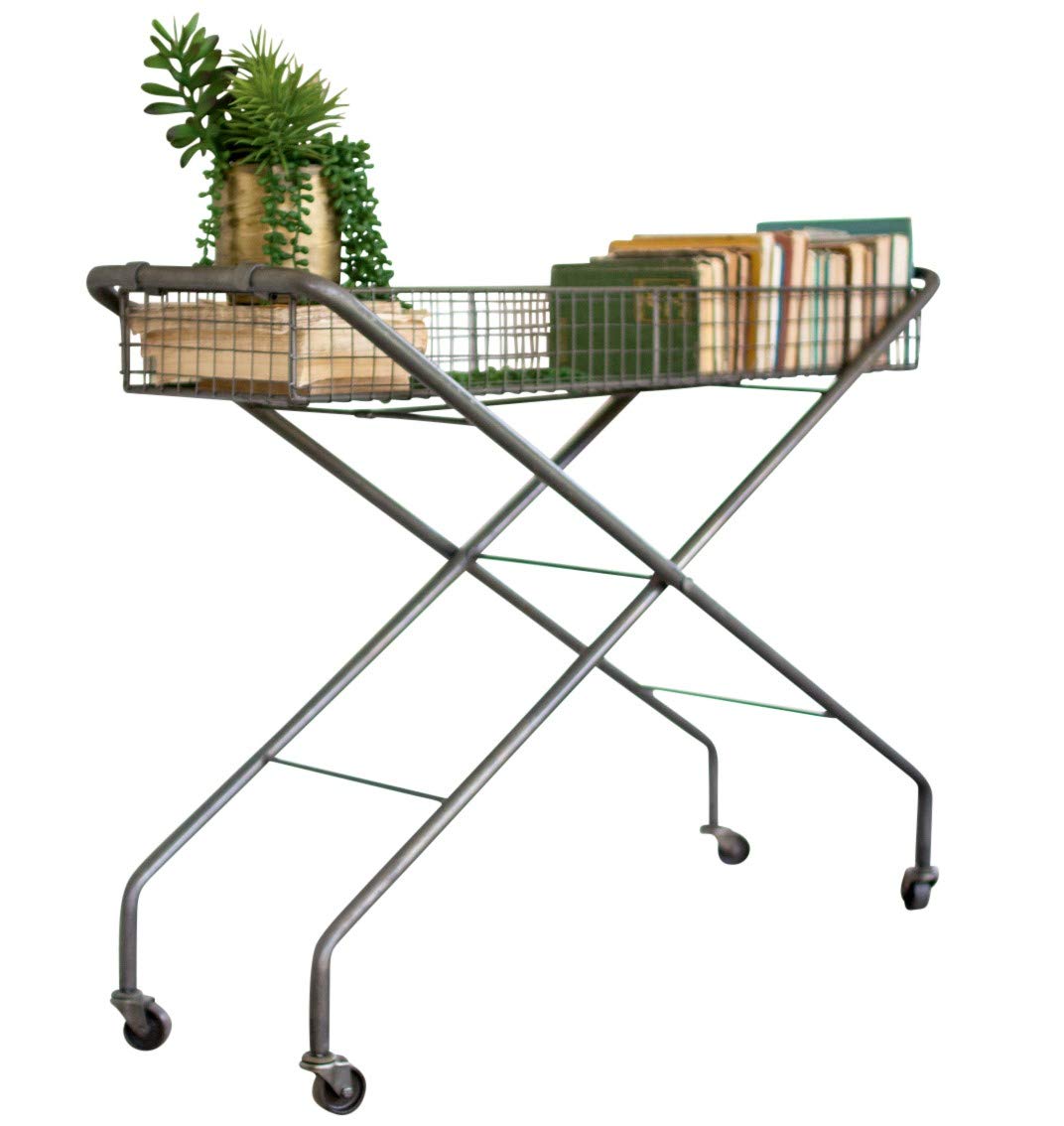 Modern Rolling Metal Wire Mesh Basket Console - Stylish Plant Stand & Serving Cart for Living Room, Kitchen, or Outdoor Use