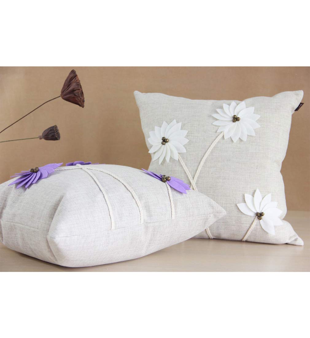 3D Embroidered Floral Throw Pillow Covers - 18x18 Inch Cotton Linen Sofa Cushion Covers (Set of 2, White & Purple) - Elegant Home Decor for Living Room, Bedroom, and Office