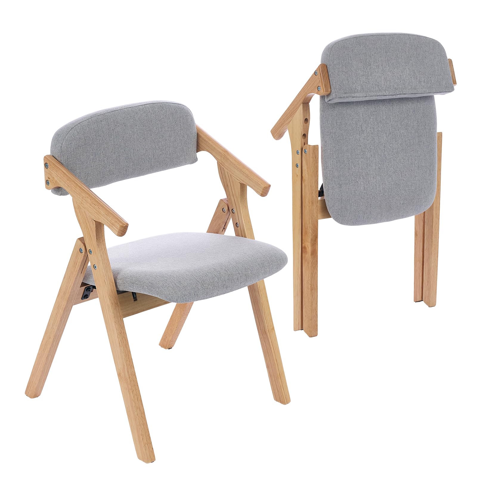 2 Pack Solid Wood Folding Dining Chairs with Linen Padded Seat - Space Saving Foldable Kitchen Chairs for Small Spaces, Dining Room, Living Room, Wedding & Outdoor Picnic (Light Grey) - Perfect for Home, Restaurant and Event Use