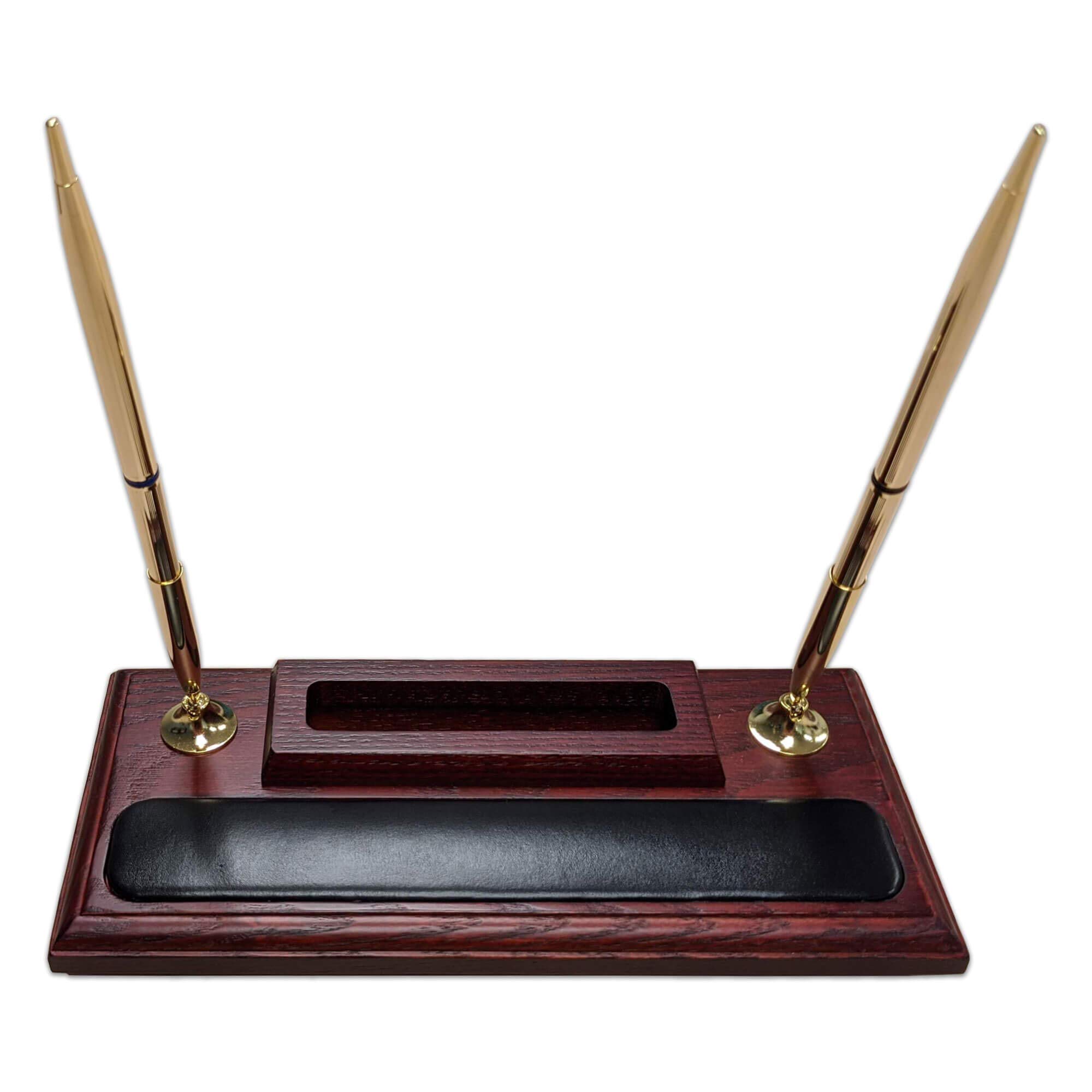 Premium Rosewood & Leather Pen Stand with Phone Holder - Stylish Desk Organizer for Office, Home, or Gift