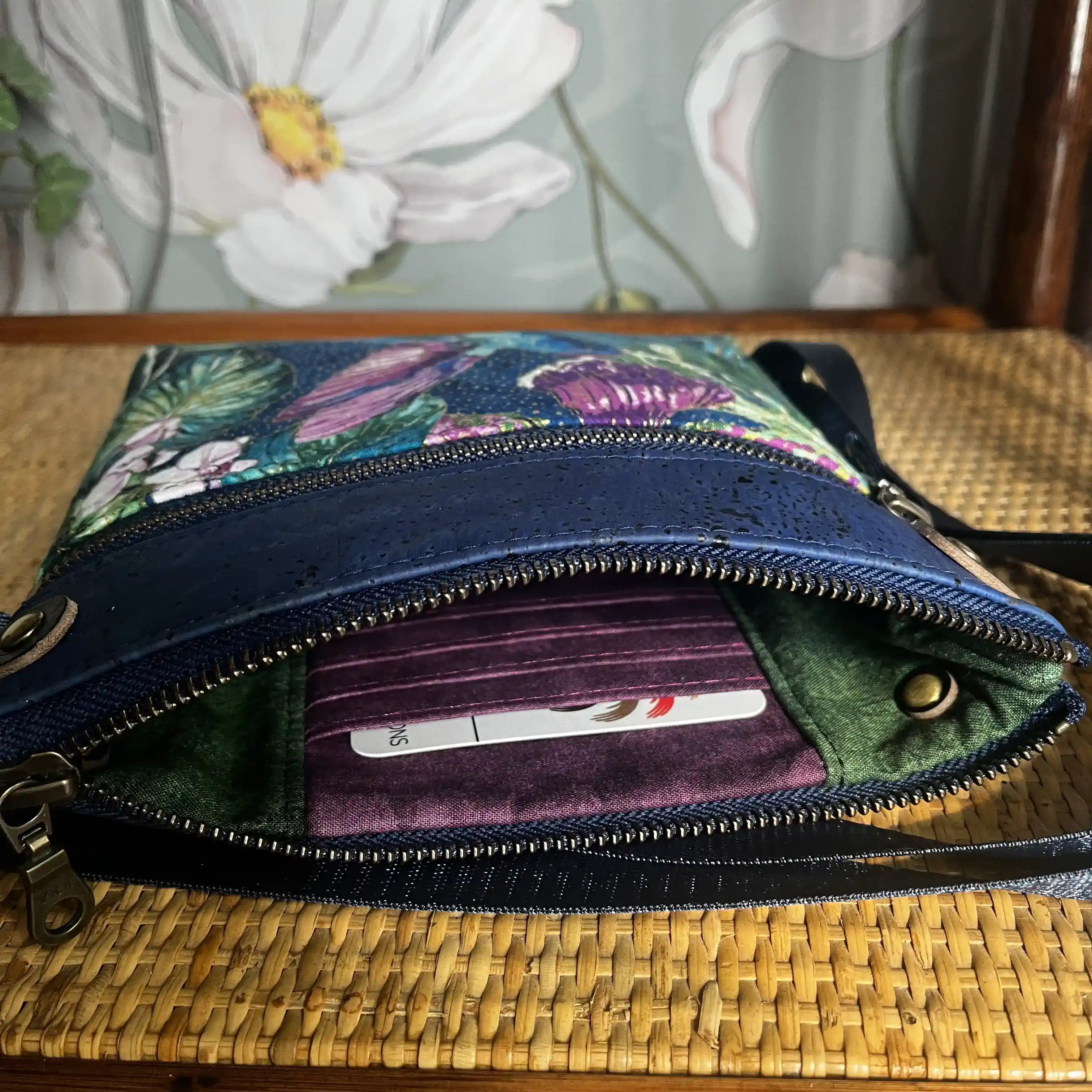 Izzy's Mom Cross Body Bag (Medium) - Cork Blue Hummingbird Print & Brushed Antique Leather | Stylish Women's Shoulder Purse for Daily Use, Travel & Shopping