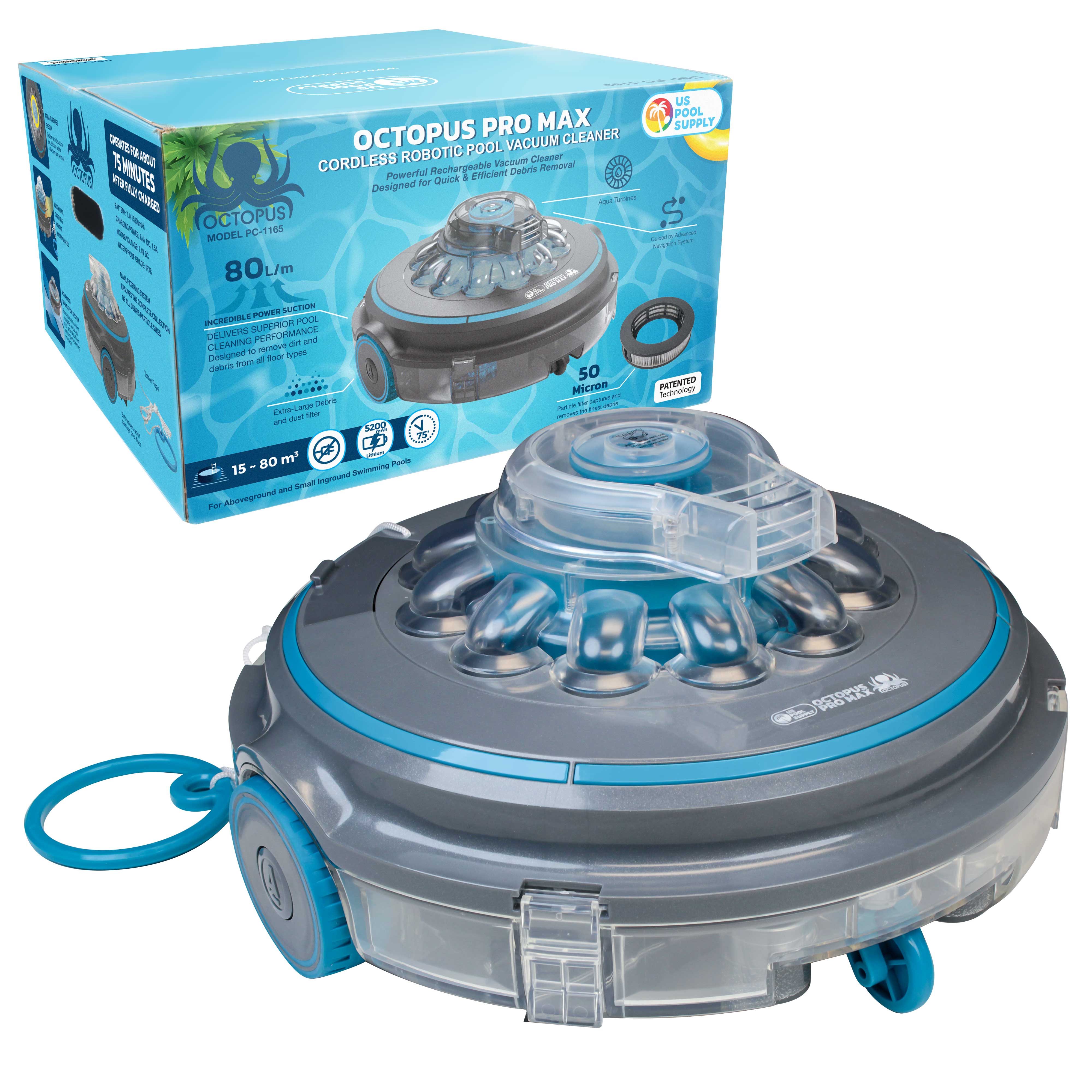 Octopus Pro Max Cordless Robotic Pool Vacuum Cleaner - 75 Min Runtime, Powerful Suction, Dual Filtration System, Rechargeable Automatic Pool Cleaner for Leaves & Debris | Ideal for In-Ground & Above Ground Pools