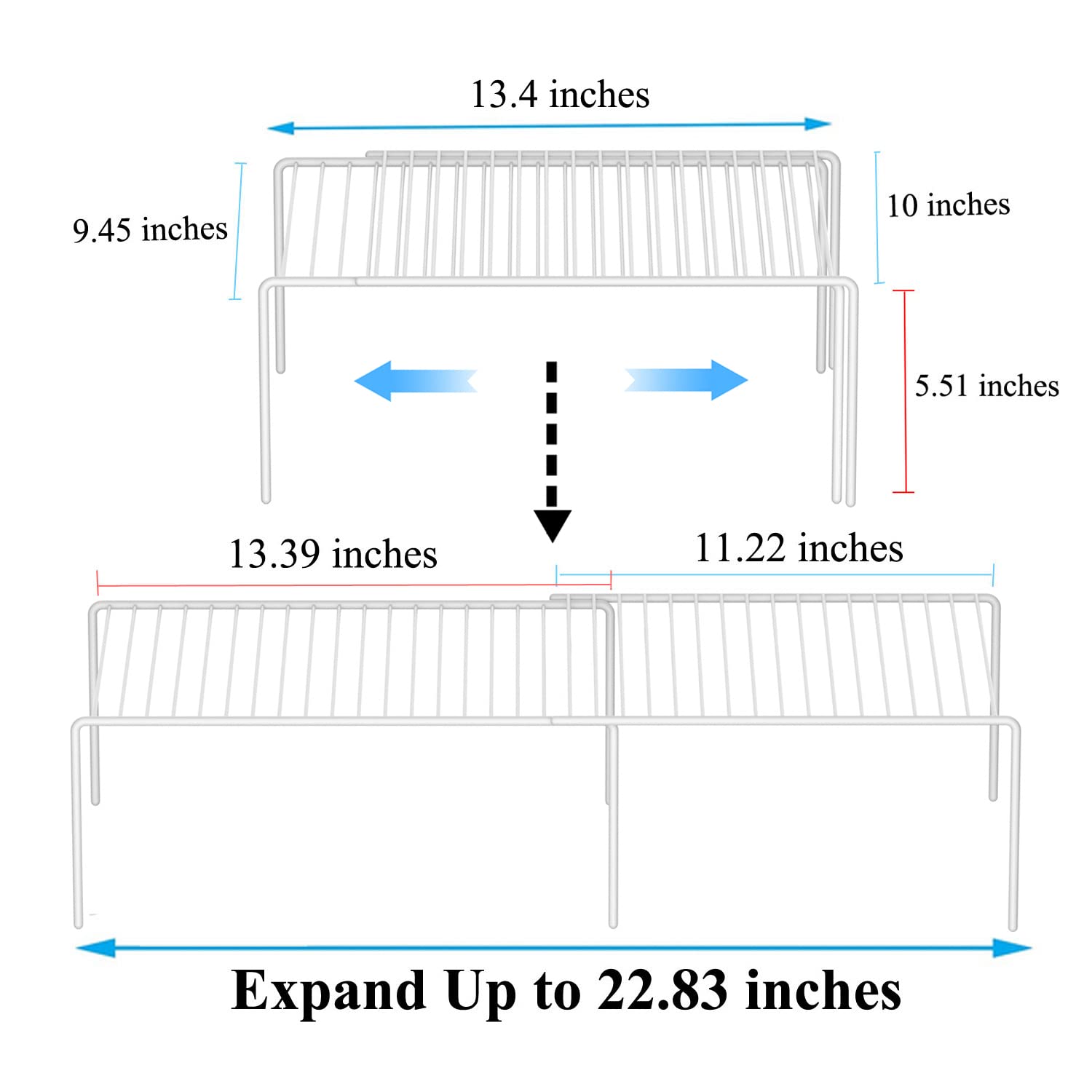 ARCCI Expandable Wire Shelf Rack Set of 2 - Adjustable Kitchen Cabinet Organizer, Plate Wire Shelf for Kitchen, Bathroom, Pantry, Closet, White