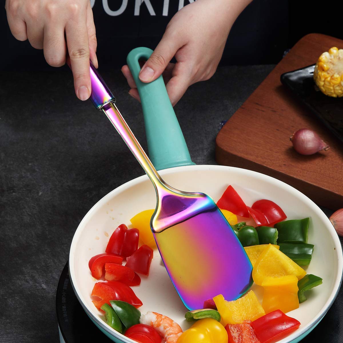 **Berglander Stainless Steel Rainbow Spatula - Titanium-Plated Solid Turner for Cooking, BBQ, Flipping Fish & Pancakes - Colorful Kitchen Utensil for Professional & Home Chefs**