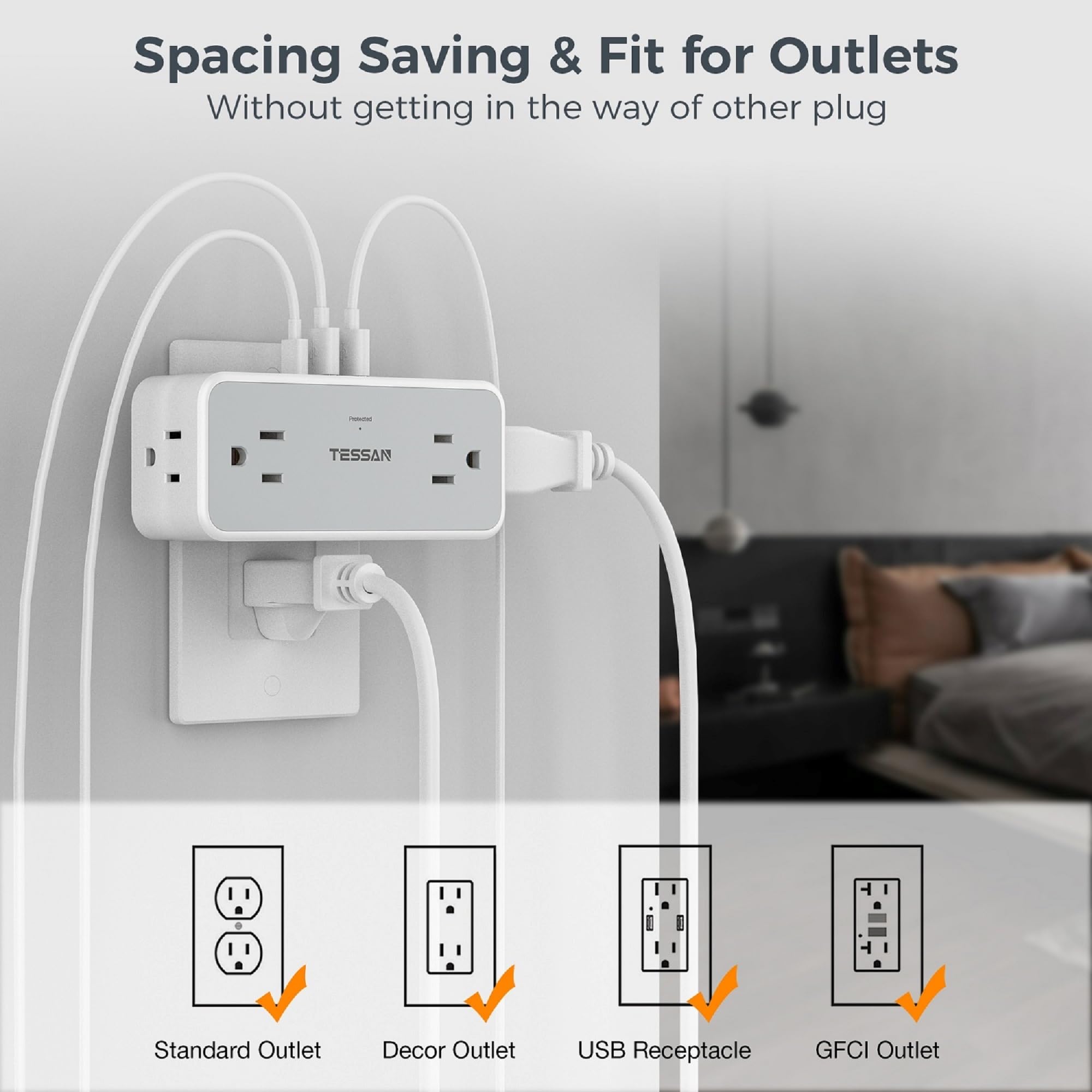TESSAN 4 Outlet Extender with 3 USB Ports (1 USB-C) & 900J Surge Protection - Multi Plug Power Strip, Wide Spaced Wall Charger for Home, Office, Dorm - Perfect for Charging Phones, Laptops, Tablets & Smart Devices