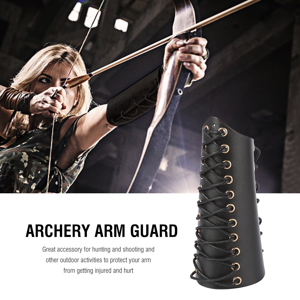 1Pcs Archery Arm Guard - Leather Lace-Up Bracer for Recurve Bow Hunting & Shooting - Protective Wristband & Arm Armor (Black) - Ideal for Target Practice, Outdoor Sports & Archery Training
