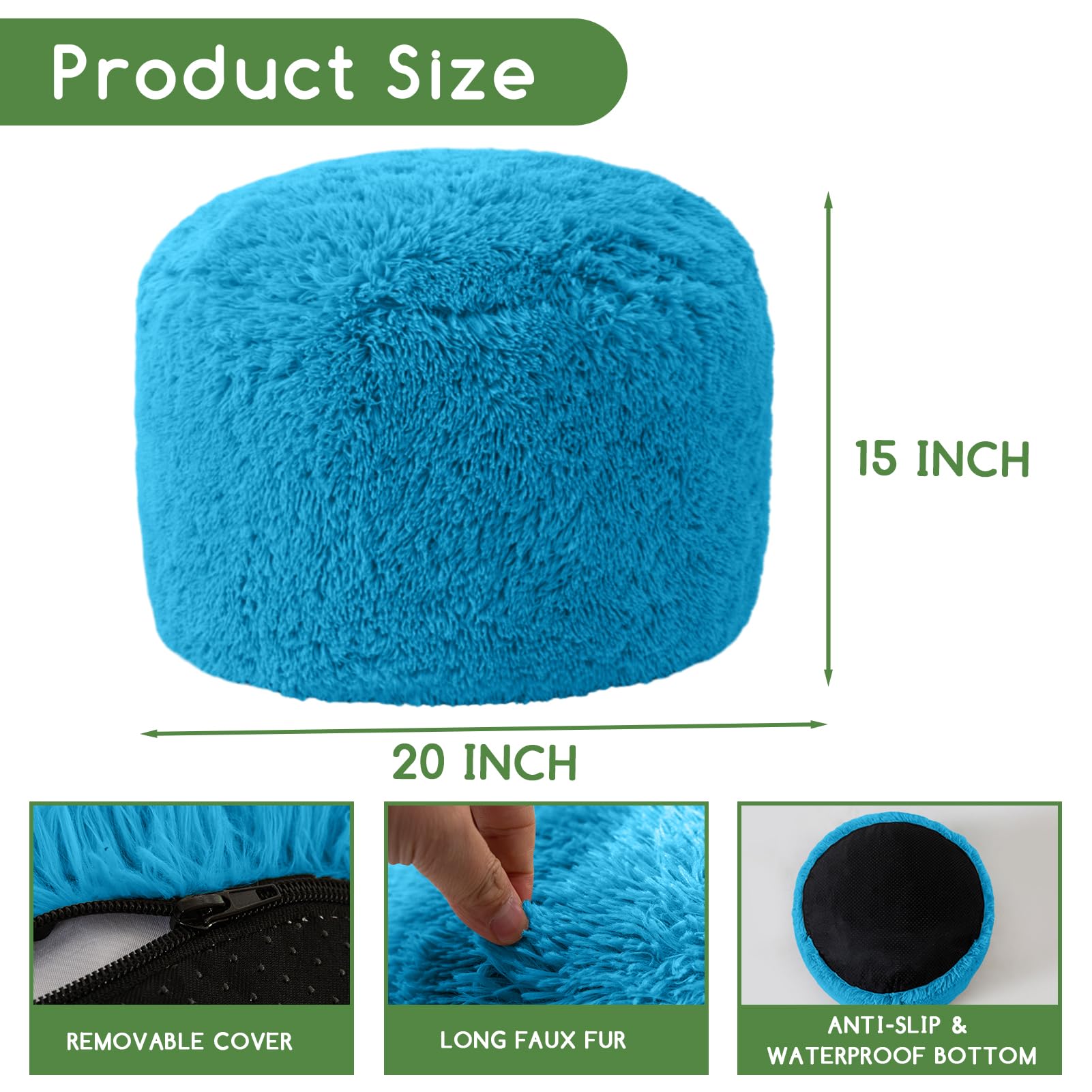 MAXYOYO Round Stuffed Pouf Ottoman - Long Faux Fur Footrest with Foam Chunk Filling, Blue - Perfect for Living Room, Bedroom & Nursery Decor