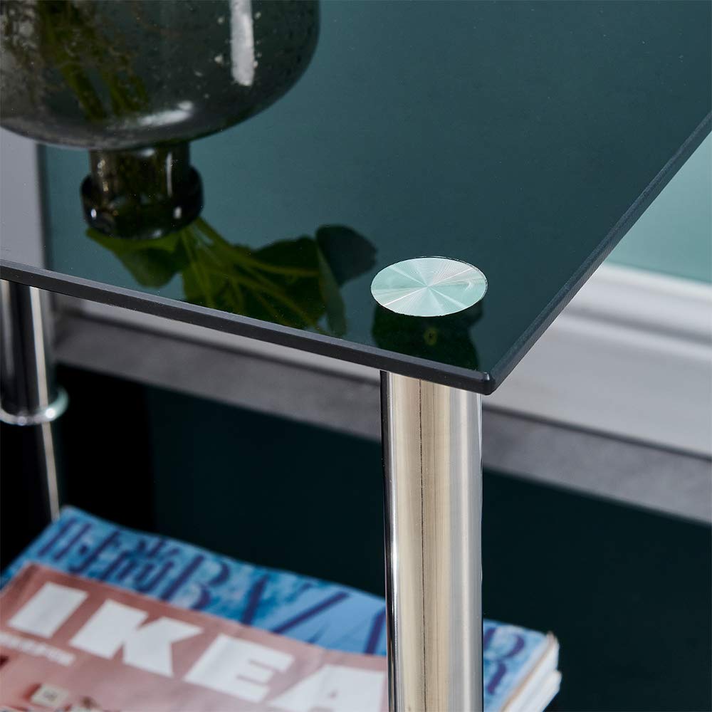 Modern Corner Sofa Side Table with Storage Shelf - 2-Tier Square End Table & Nightstand, Tempered Glass Top & Chrome Legs (Black) - Perfect for Living Room, Bedroom, or Office Use