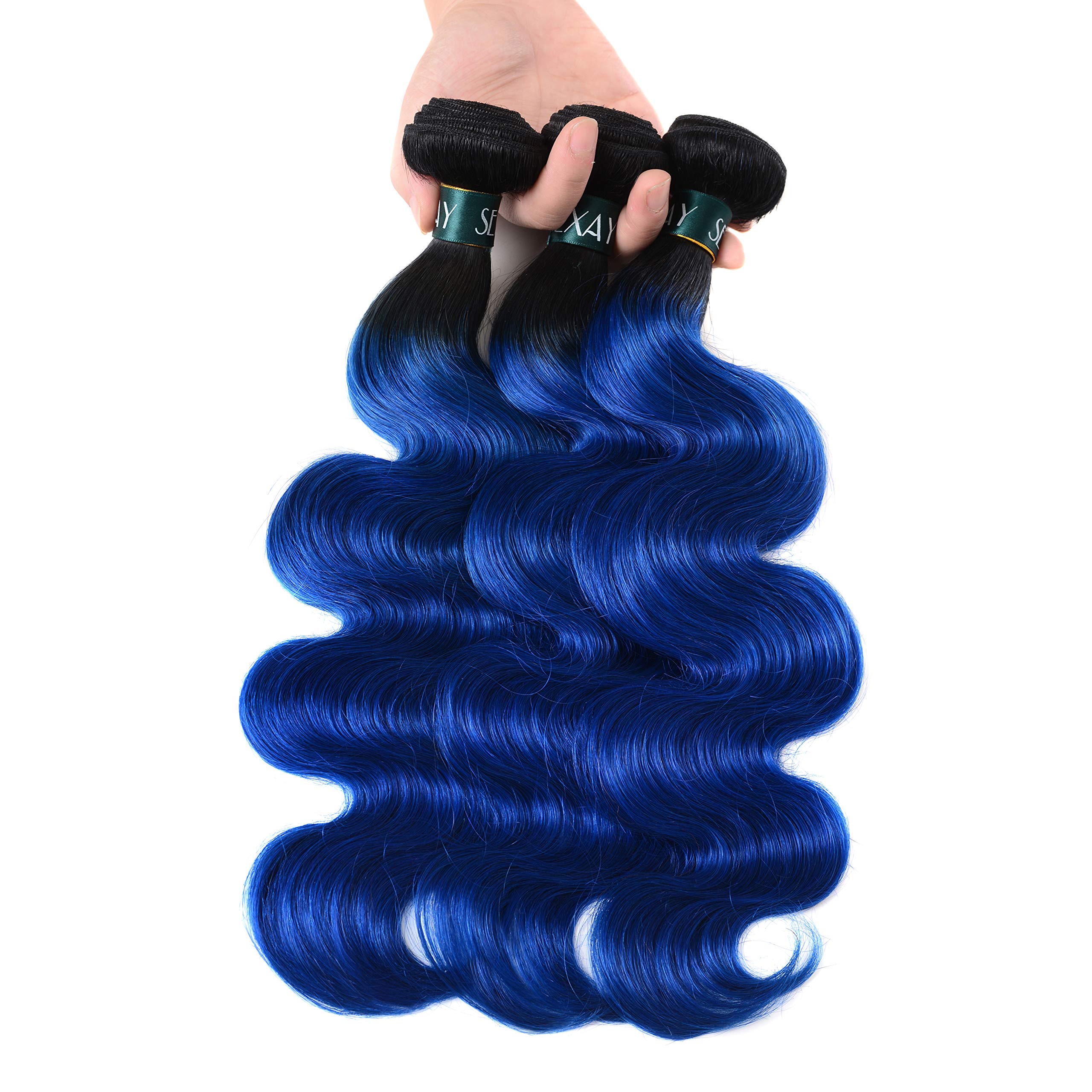 Ombre Hair Bundles 1B/Blue - Brazilian Remy Human Hair Extensions - Body Wave 2-Tone Ombre (16