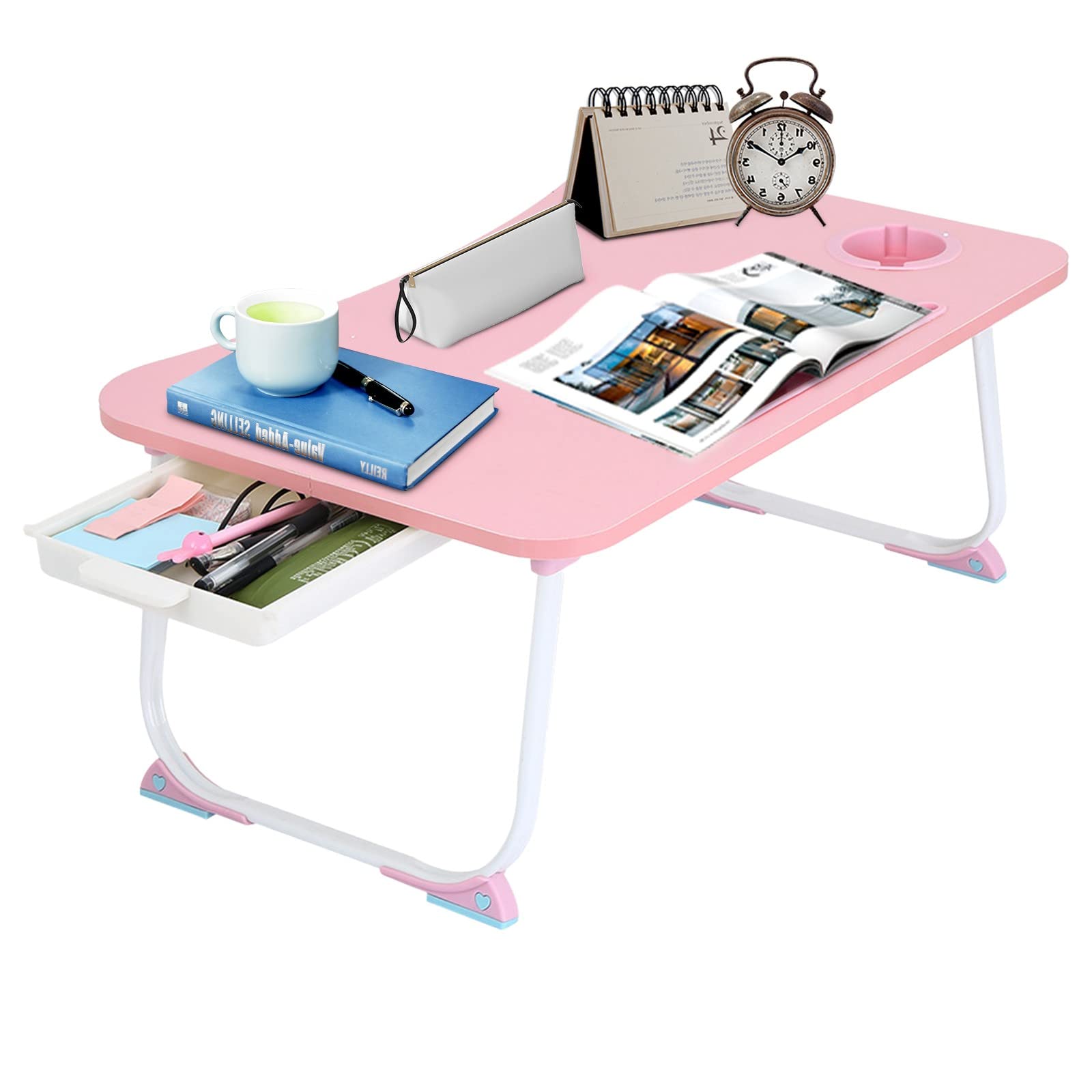 Feterr Foldable Portable Multifunctional Laptop Bed Desk with Drawers - Pink Wooden Mini Computer Table for Home Office, Study, and Leisure Use