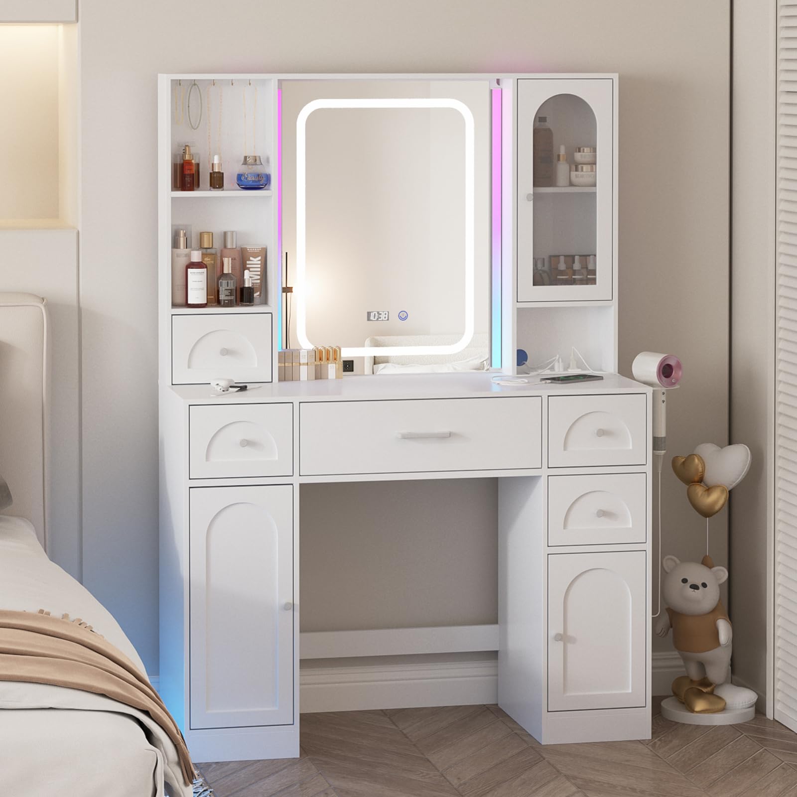 Fameill White Vanity Desk with LED Mirror & 5 Drawers - Makeup Table with RGB Lights & Storage for Bedroom