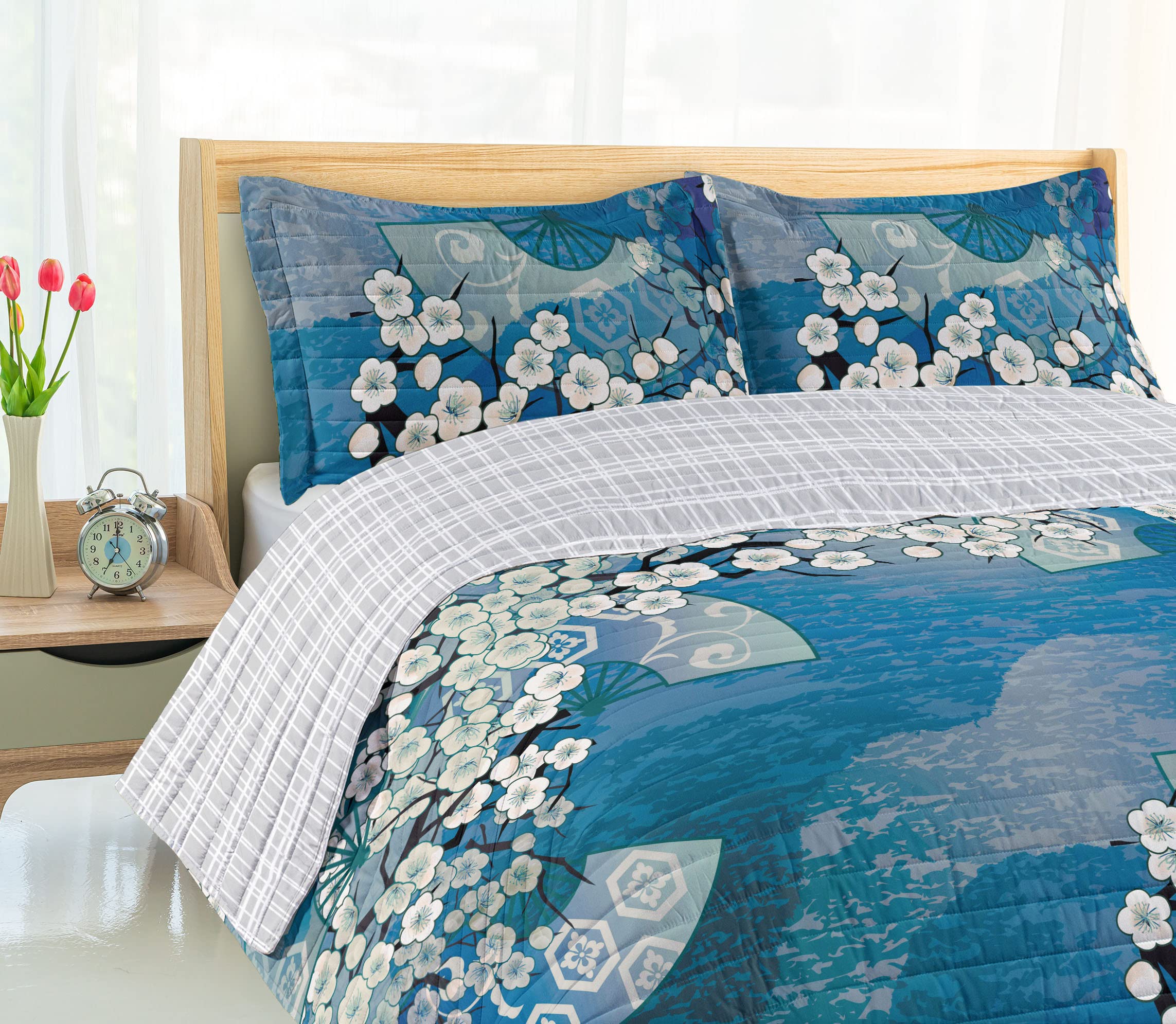 Ambesonne Reversible King Size Bedspread Set - Japanese Cherry Blossom Sakura Tree Design, Microfiber Comforter with Pillow Shams, Sky Blue | Spring Floral Bedding for Master Bedroom, Guest Room Decor