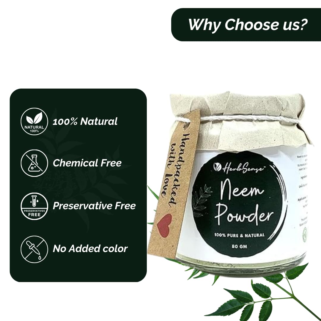 Herbsense Pure Neem Leaves Powder - 100% Natural Skin & Hair Care | Organic Face Mask for Acne Treatment & Deep Cleansing | Anti-Dandruff Hair Pack | Glass Jar 80g | Perfect for DIY Beauty Treatments & Holistic Skincare Routines