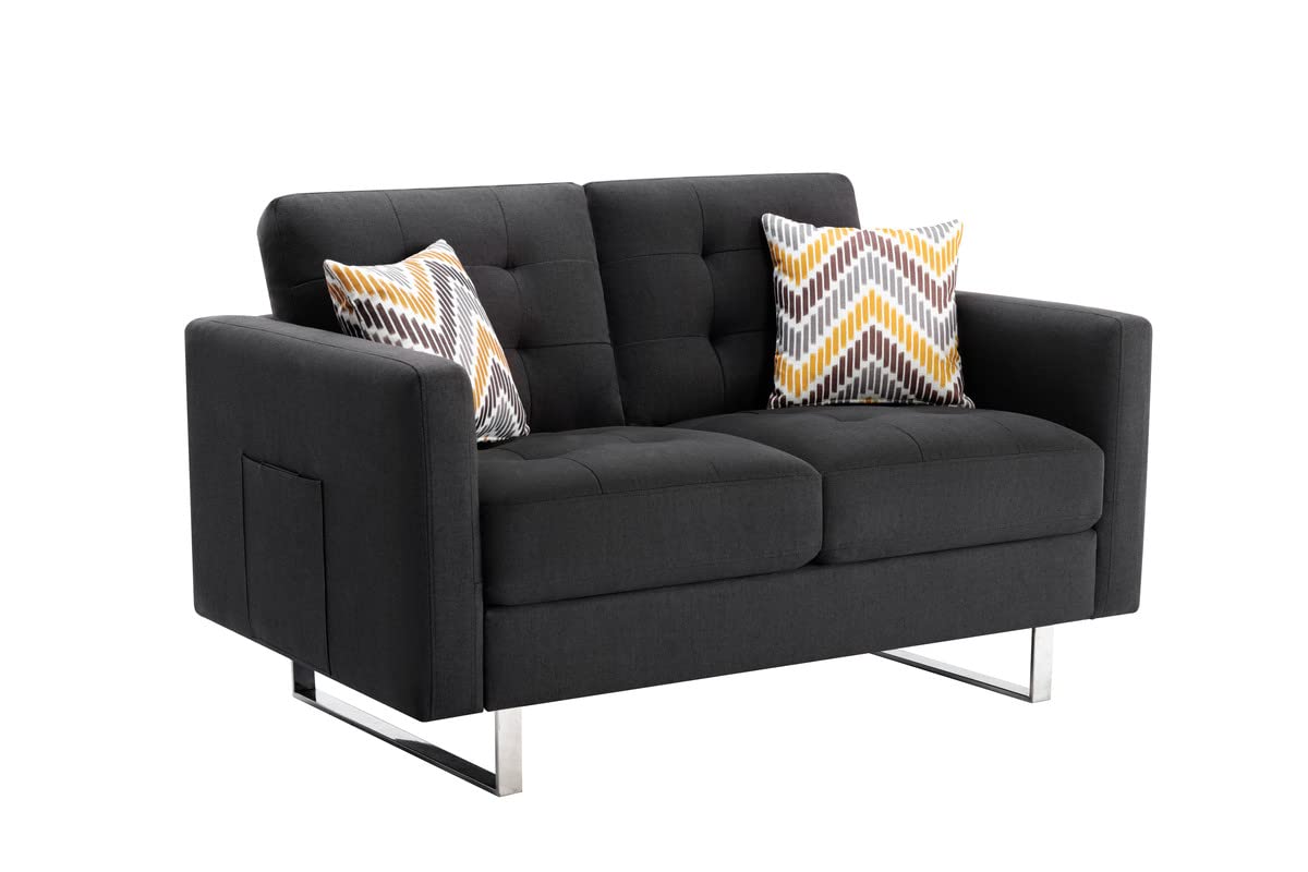 Lilola Home Victoria Dark Gray Linen Fabric Loveseat with Metal Legs, Side Pockets & Throw Pillows - Modern Small Space Sofa for Living Room, Apartment, Dorm or Office