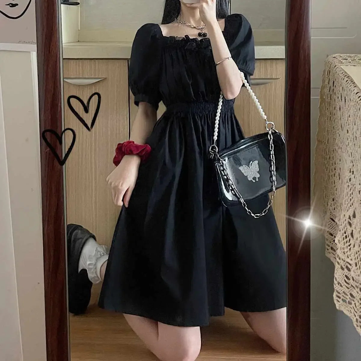 Gothic Black Puff Sleeve Wrap Dress for Women - Kawaii Cute Sundress | Dark Academia Aesthetic | Perfect for Casual Wear, Date Nights & Gothic Fashion Lovers
