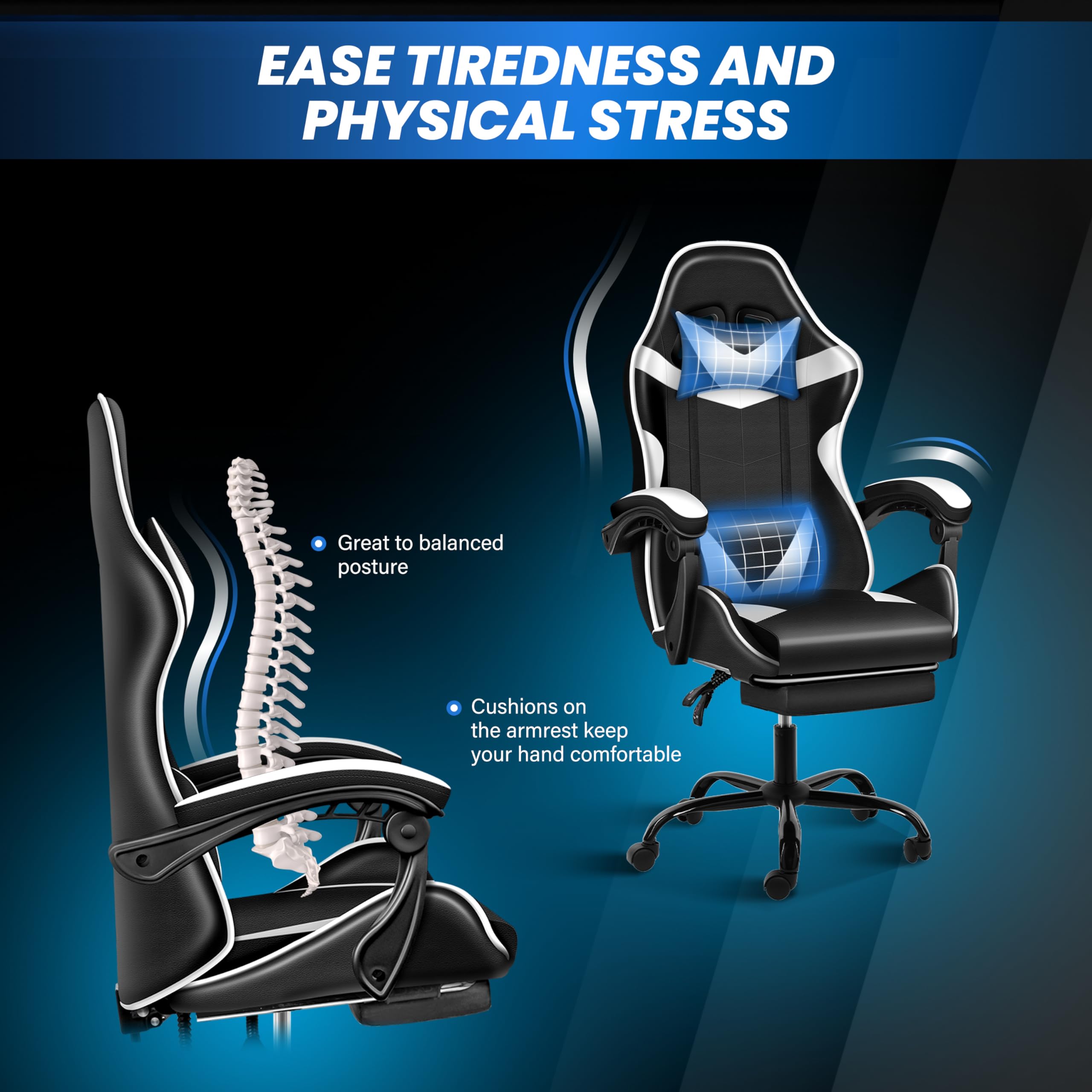 **YSSOA Ergonomic Gaming Chair with Adjustable Footrest, Height & 90°-135° Recline - Racing Style Computer Chair for Office & Home, Lumbar Support, Swivel Base (Black/White) - Perfect for Long Gaming Sessions & Work from Home**