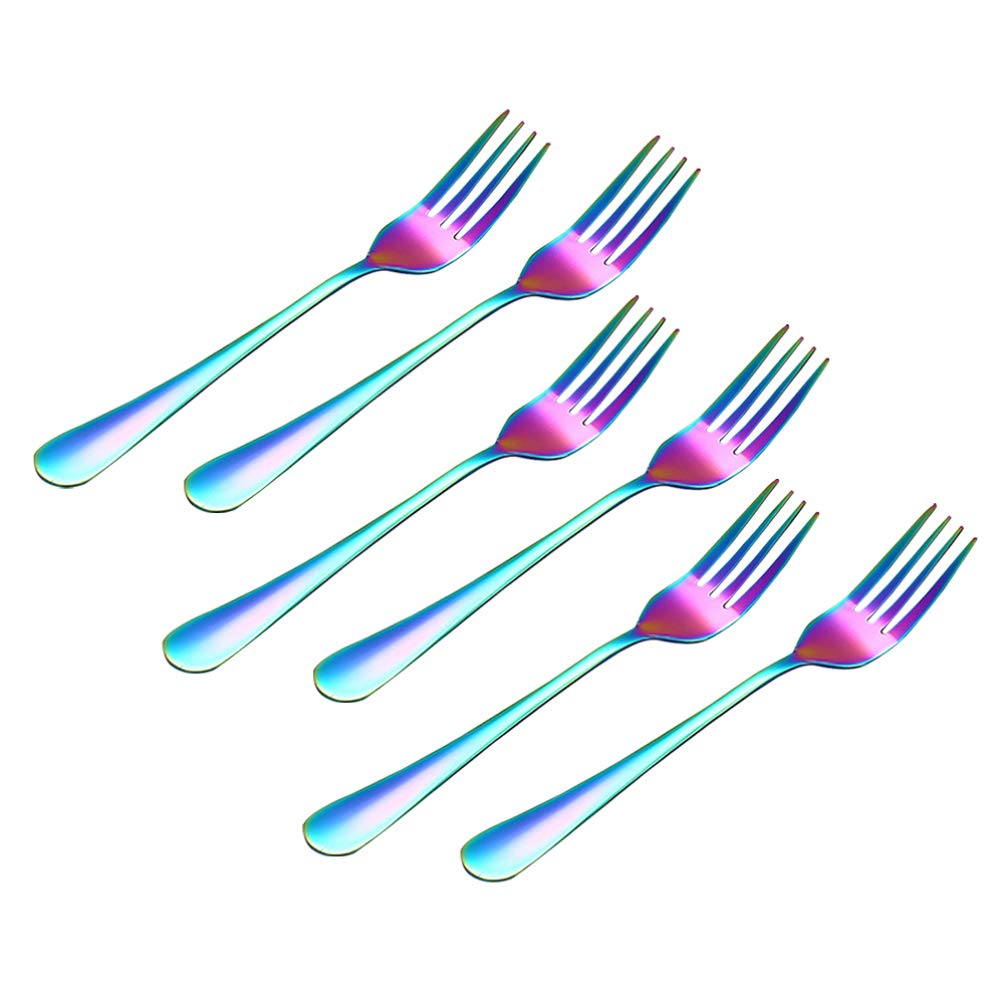 6-Piece Stainless Steel Rainbow Color Dessert Forks Set - Vibrant Salad & Cake Forks for Home Kitchen, Party, Wedding, and Picnic Use