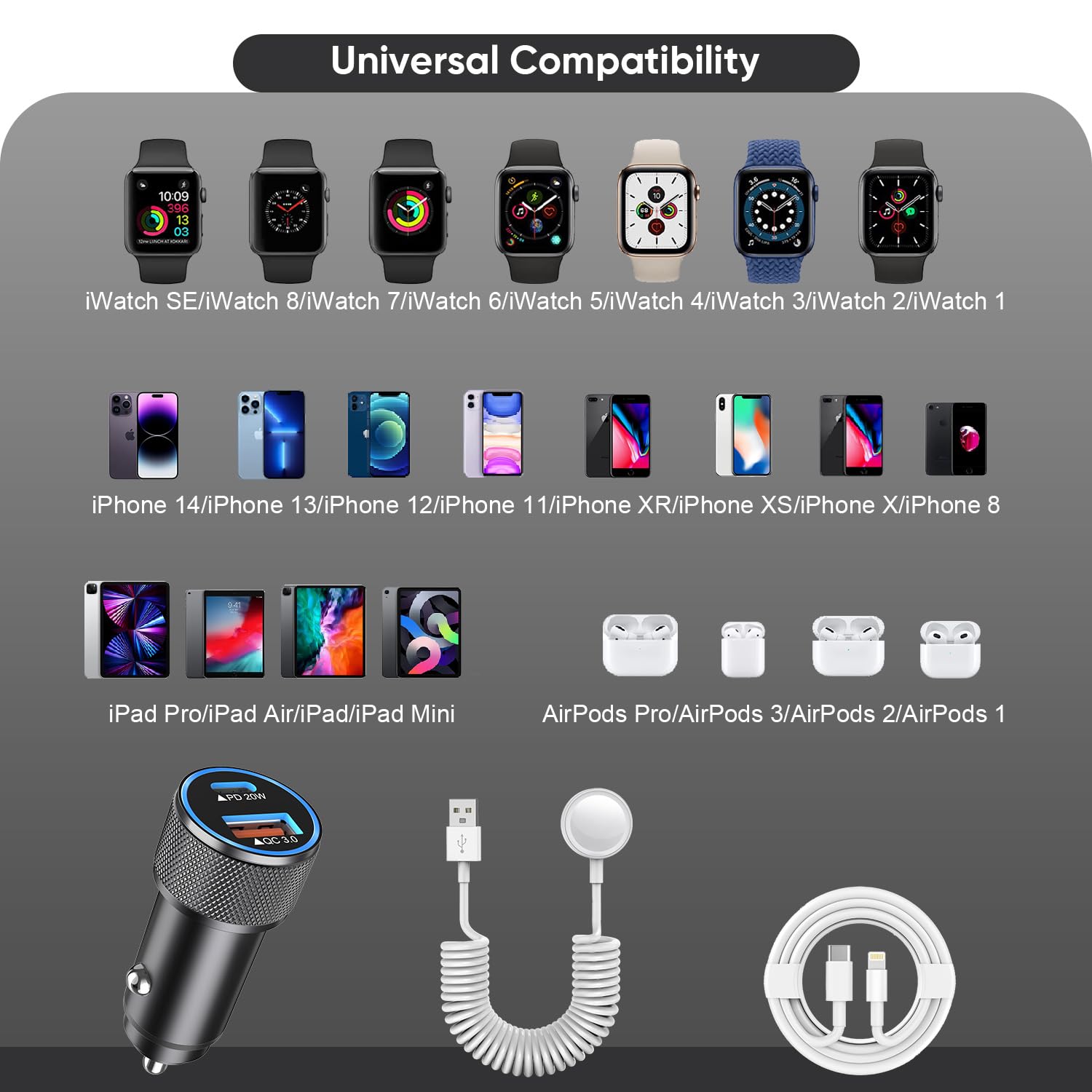38W Fast USB C Car Charger with PD & QC3.0 - Dual Port Car Adapter for iPhone 14/13 & Apple Watch Series 10/9/8 - Includes 6ft USB-C to Lightning Cable & iWatch Charging Cord - Perfect for Road Trips & Commuting