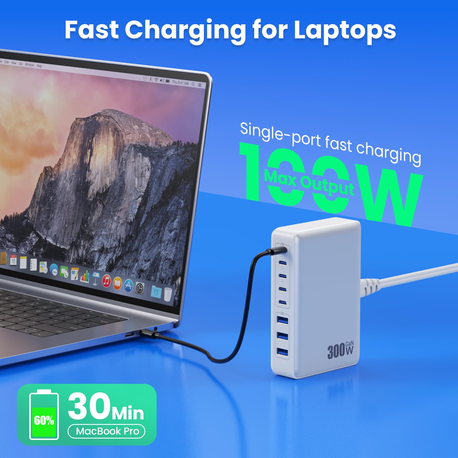300W GaN IV Fast Charging Station with 8-Ports USB C Charger Block - PD 100W Laptop Charger Hub Compatible with MacBook/Air, Dell, Steam Deck, iPhone 16/15/14, Galaxy S24 - Perfect for Home, Office & Travel Charging Needs