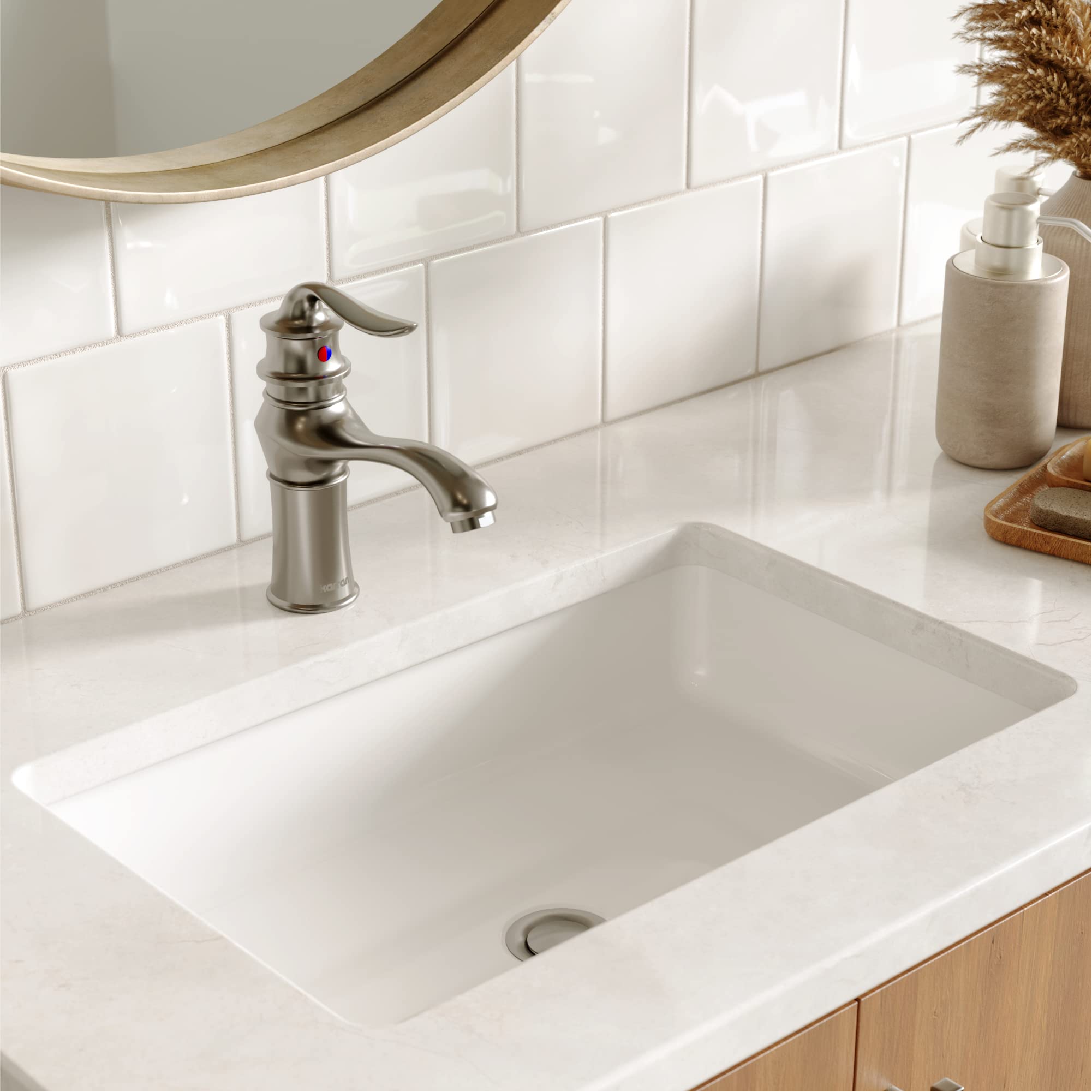 Karran KBF430 Stainless Steel Single Hole Bathroom Sink Faucet with Pop-Up Drain - Modern Single Handle Basin Tap for Bathroom Vanity, Powder Room & Guest Bath Installation