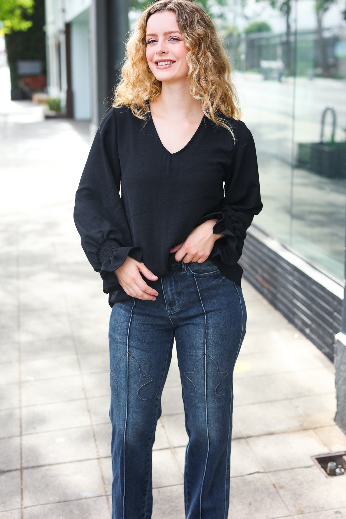 Hello Beautiful Black Smocked Bubble Sleeve Woven Top - Women's Elegant Blouse for Casual Wear, Date Night & Office Outfits