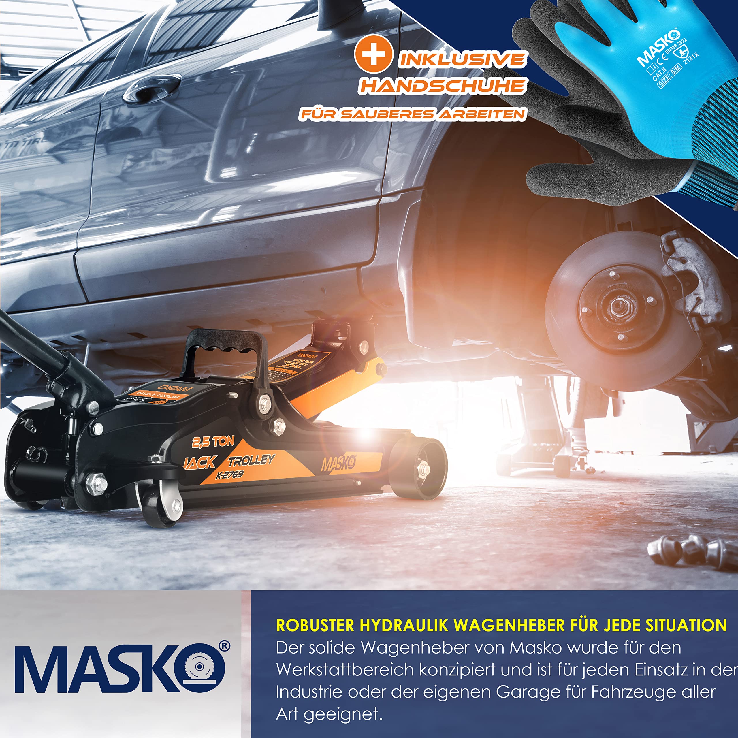 MASKO® 2.5 Ton Hydraulic Floor Jack with Case - 85-360mm Lift Height, Includes 3X Rubber Pads & Gloves - 360° Swivel Wheels Car Jack for Vehicle Maintenance, Tire Change, Garage Use