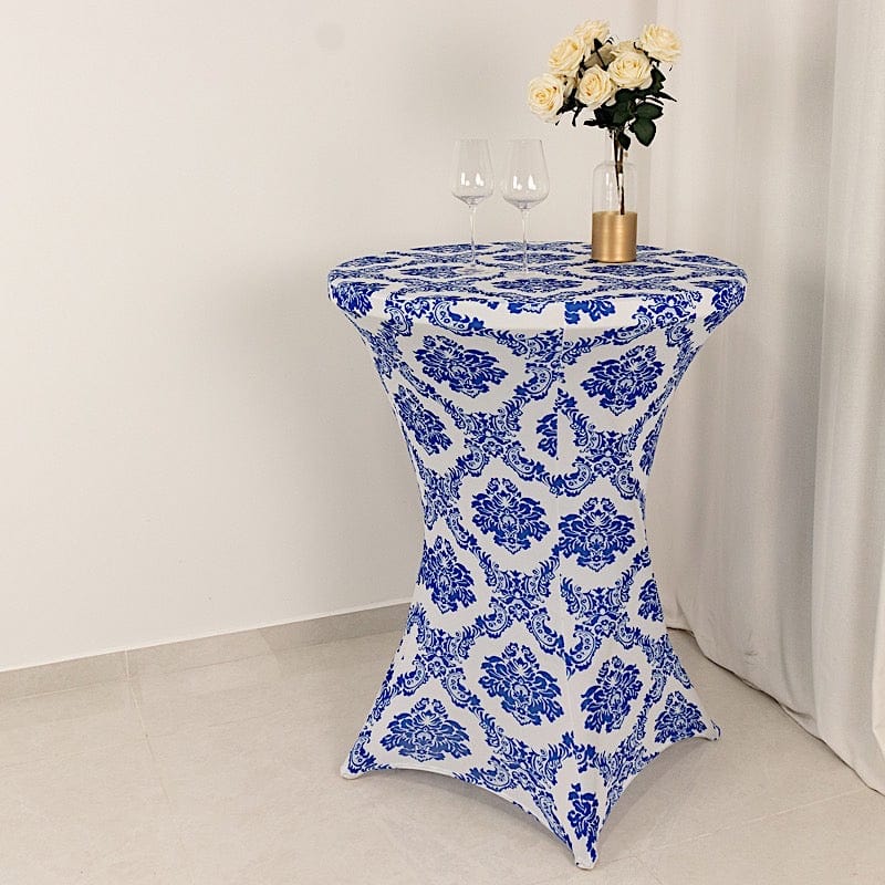 Royal Blue and White Damask Cocktail Spandex Table Cover - Elegant Party Decor for Weddings, Banquets & Special Events