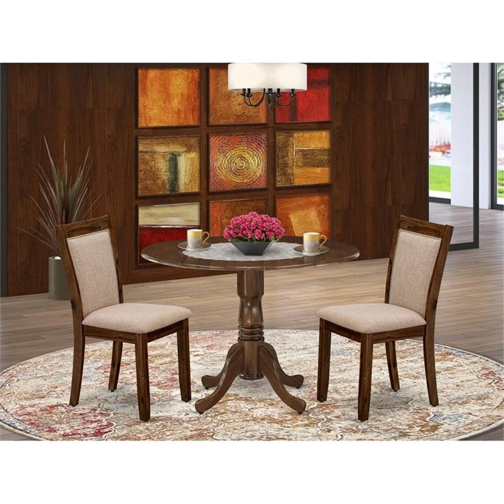 East West Furniture DLMZ3-AWN-04 3-Piece Round Dinette Set with Drop Leaf Table & 2 Light Tan Linen Parsons Chairs, 42x42 Inch, Natural Walnut - Perfect for Small Spaces, Apartments, Breakfast Nooks & Cozy Dining Areas