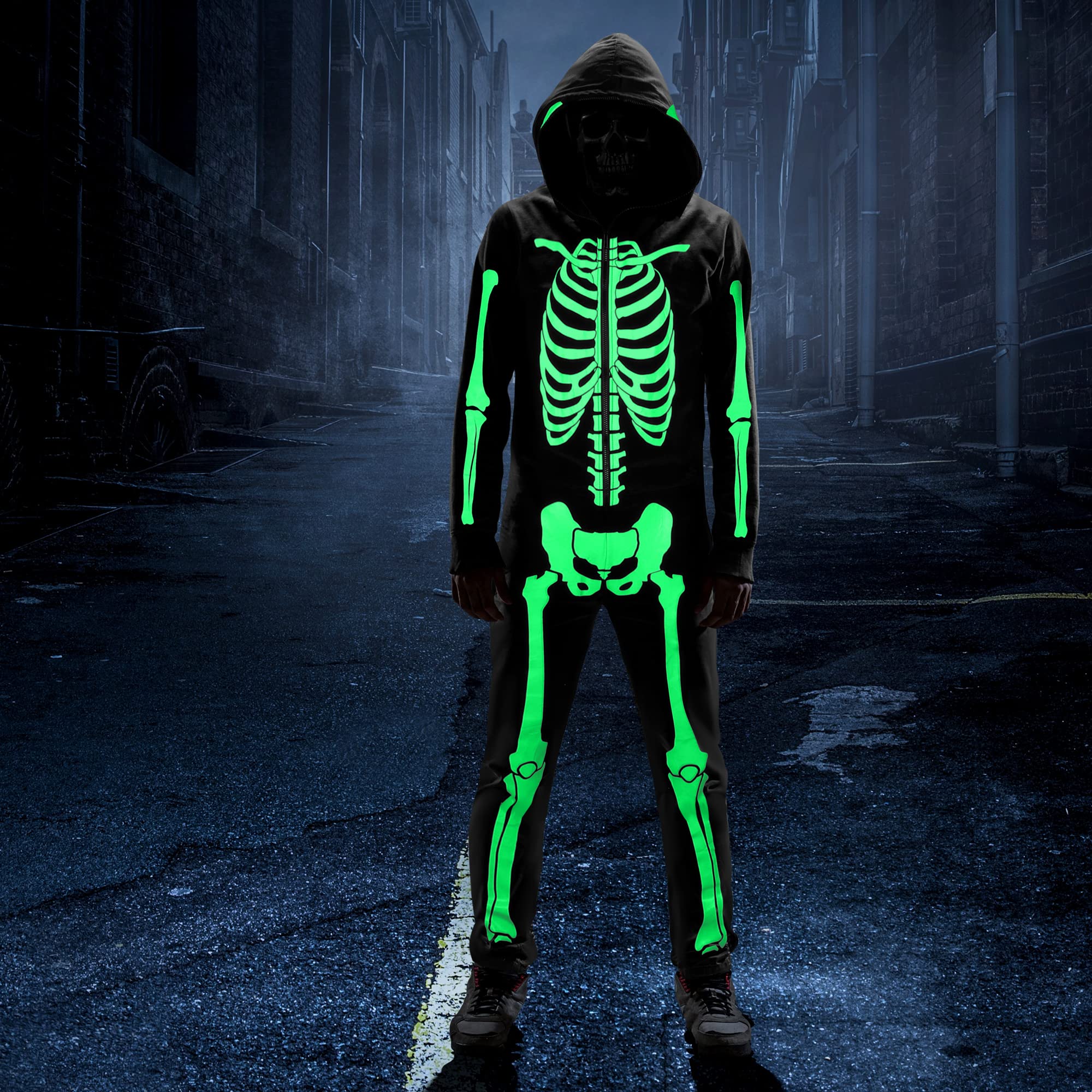 Glow in the Dark Skeleton Costume for Men - Halloween Skeleton Onesie Pajama with Skull Face Cover - Adult Jumpsuit Set for Halloween Parties, Cosplay & Themed Events