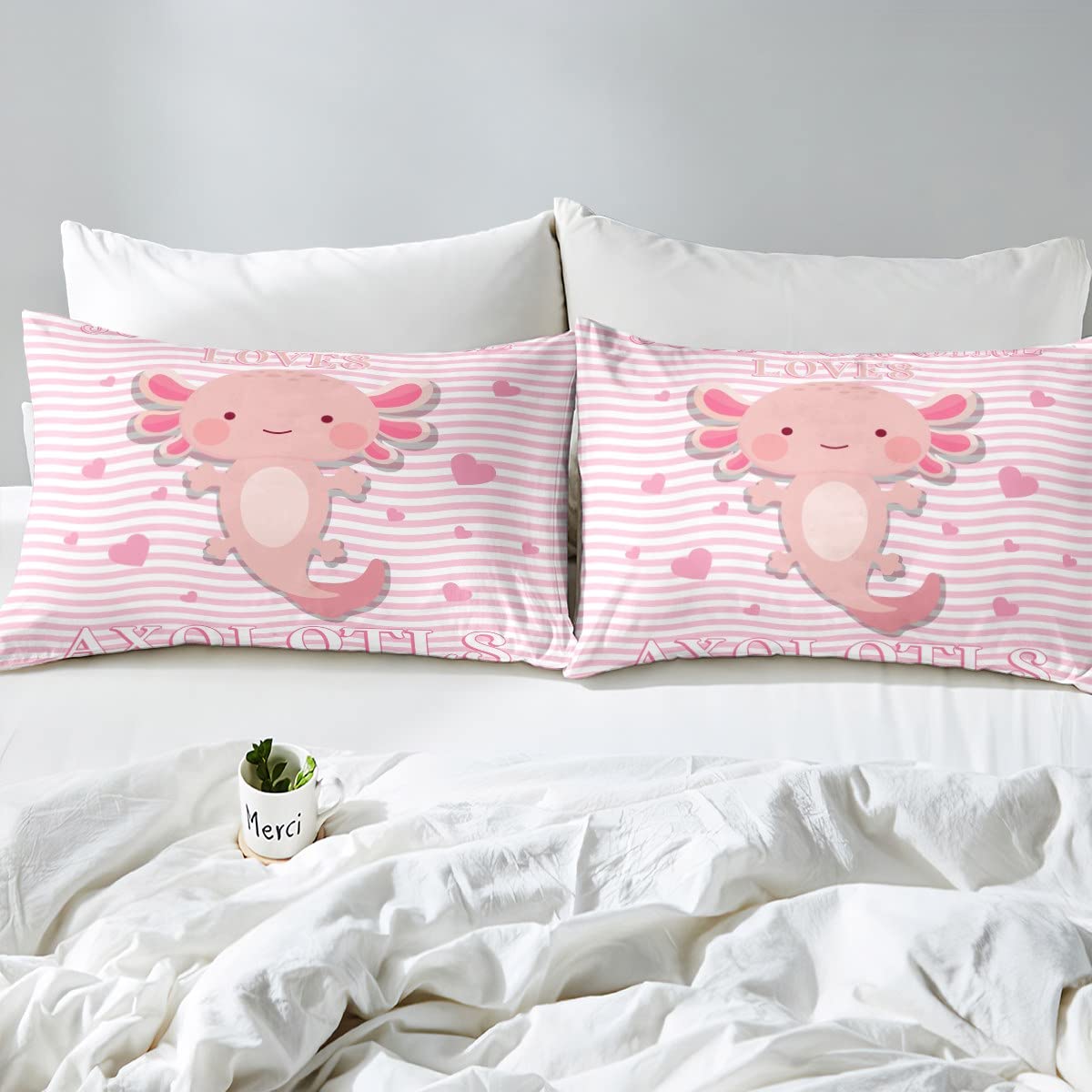 Cute Pink Axolotl Comforter Set - Queen Size Soft Down Bedding with Cartoon Axolotl Design, Geometric Stripes & Kawaii Animal Print - Perfect Gift for Girls, Women & Kids - Ideal for Bedroom Decor, Reptile Lovers & Kawaii Style Enthusiasts