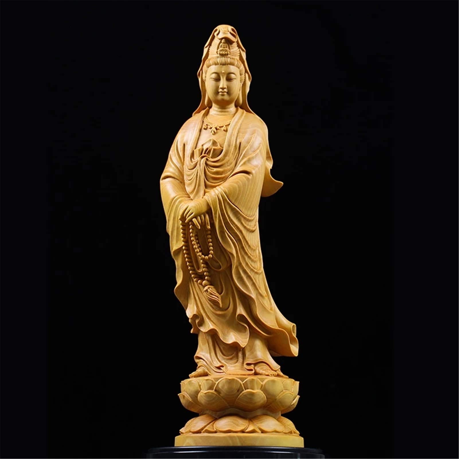 LILOVE 22cm Chinese Solid Wood Guanyin Buddha Statue - Handcrafted Wooden Buddhist Sculpture for Home Altar, Office Desk Decor & Meditation Space - Feng Shui Gift & Spiritual Decor