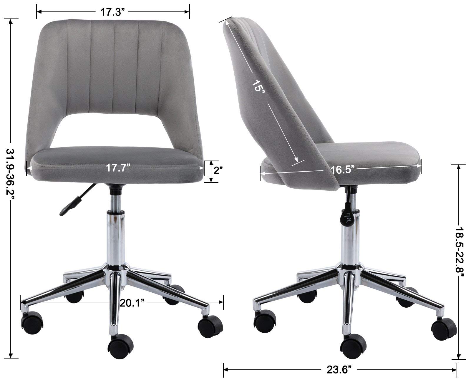 Wahson Grey Velvet Office Chair with Wheels - Swivel Task Chair for Home Office, Vanity Desk & Study - Ergonomic Rolling Computer Chair for Work & Gaming