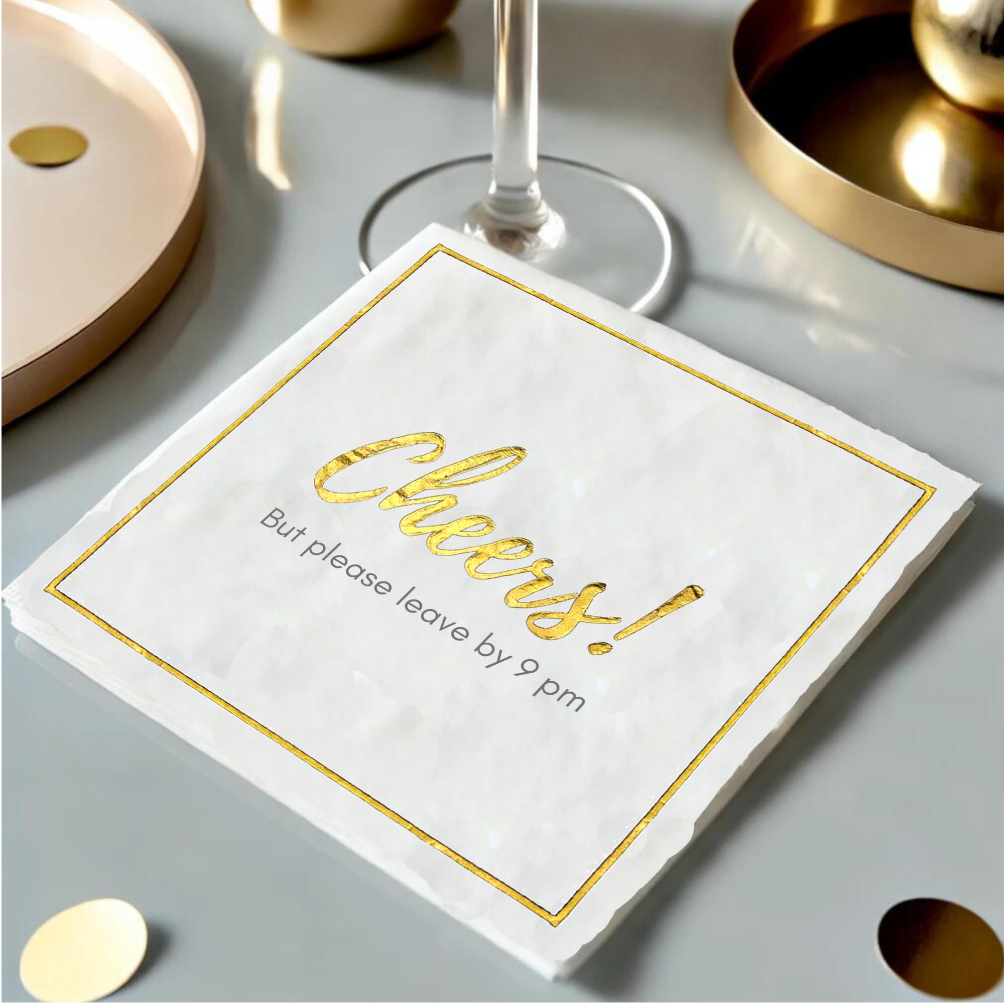 Funny Disposable Cocktail Napkins 50-Pack - 'Please Leave By 9' Cheers Napkins for Weddings, Parties, Birthdays & Holidays - Perfect for Bar Decor, Bridal Showers & Cocktail Receptions