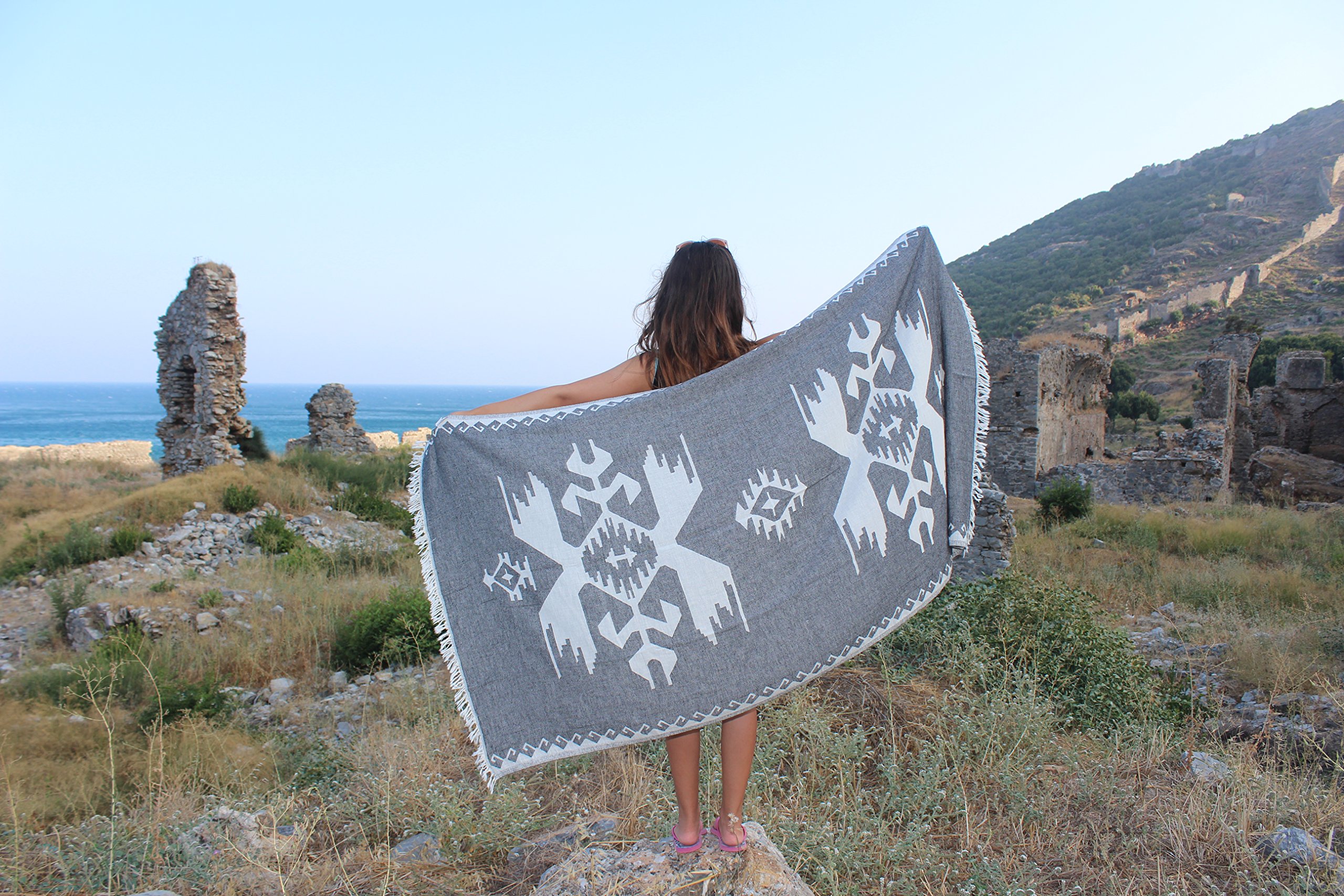 Bersuse 100% Cotton Oaxaca Turkish Towel - Ultra Absorbent Beach Towel, Bath Towel & Dual Layer Peshtemal Blanket - 37x70 Inches (Set of 3, Black) - Perfect for Pool, Spa, Travel & Yoga