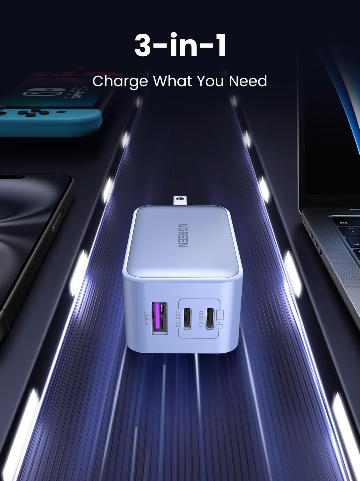 UGREEN Nexode 65W GaN Fast Charger - 3-Port USB C Wall Charger for MacBook Pro/Air, iPad, iPhone 15/14, Galaxy S24/S23/S22, Dell XPS 13, Pixel - Compact Foldable Design for Travel, Office & Home Use
