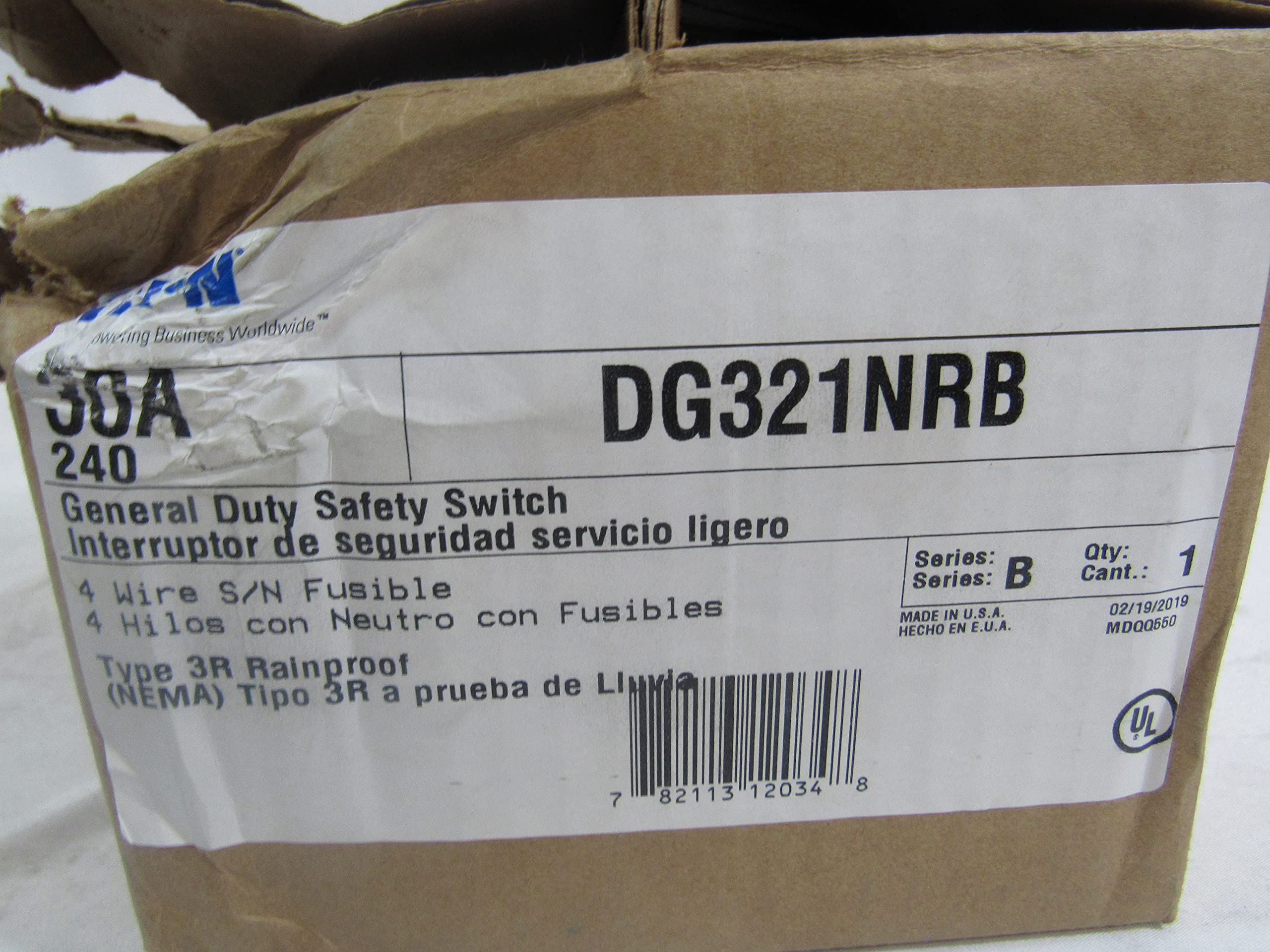Eaton Cutler-Hammer DG321NRB Fusible Safety Switch - NEMA-3R Rated, 30 Amp, 240 Volt, 4-Wire - Ideal for Industrial Electrical Panels & Commercial Power Distribution Systems