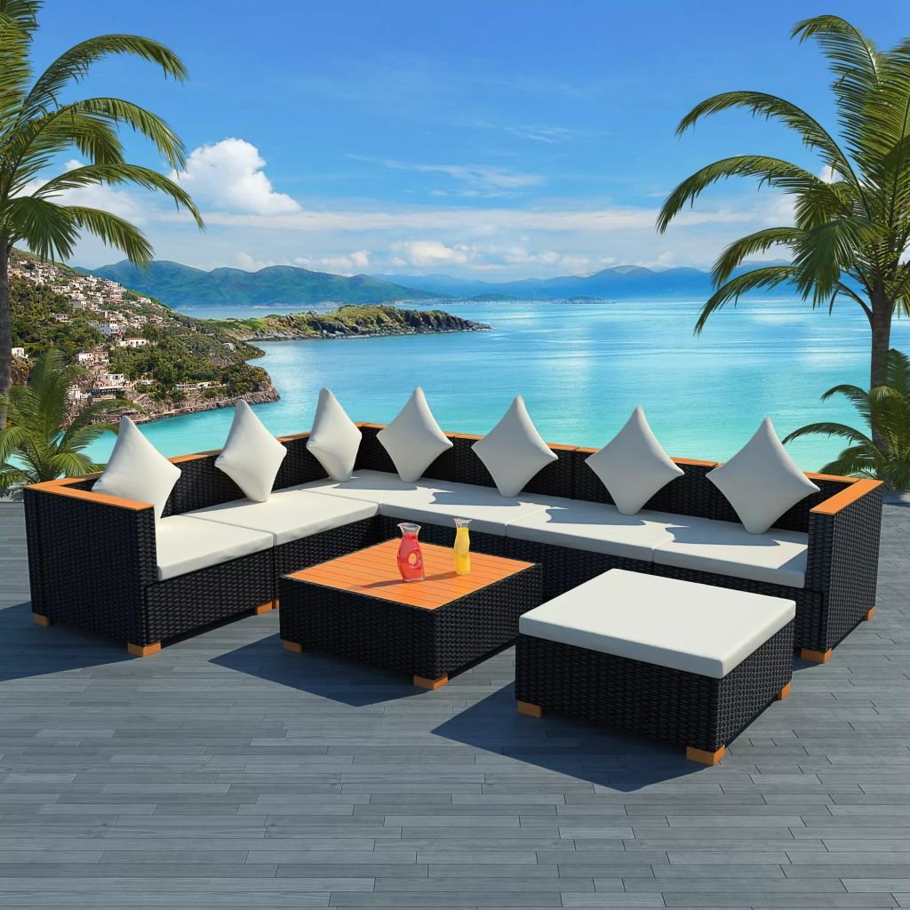 H.BETTER 8-Piece Outdoor Patio Furniture Set - Black Poly Rattan Garden Sectional with Removable Cushions - Waterproof Poolside Lounge & Dining Sofa Set for Backyard, Deck or Terrace