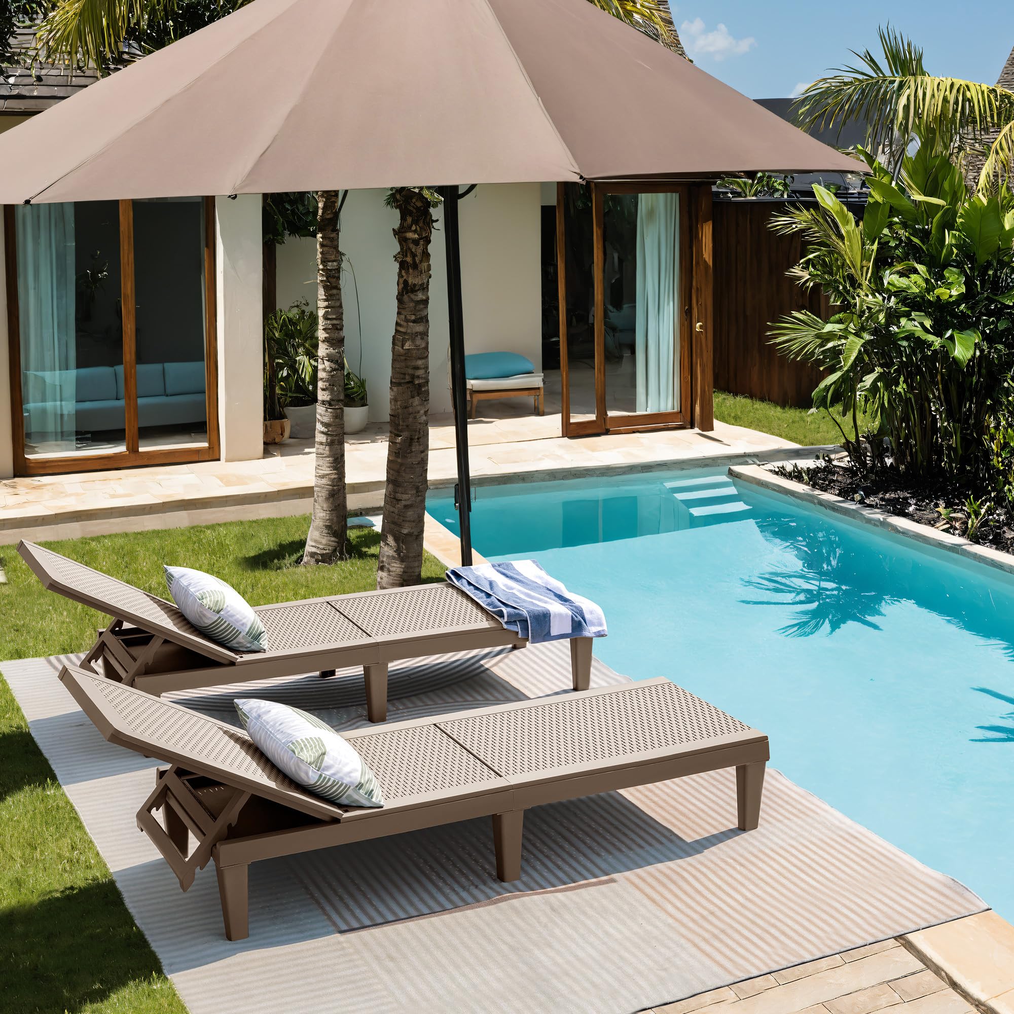 JUMMICO 2-Pack Adjustable PE Waterproof Patio Chaise Lounge Chairs - Light Brown Outdoor Recliners for Pool, Garden, Deck & Beach - Easy Assembly Weather-Resistant Sunbathing Furniture