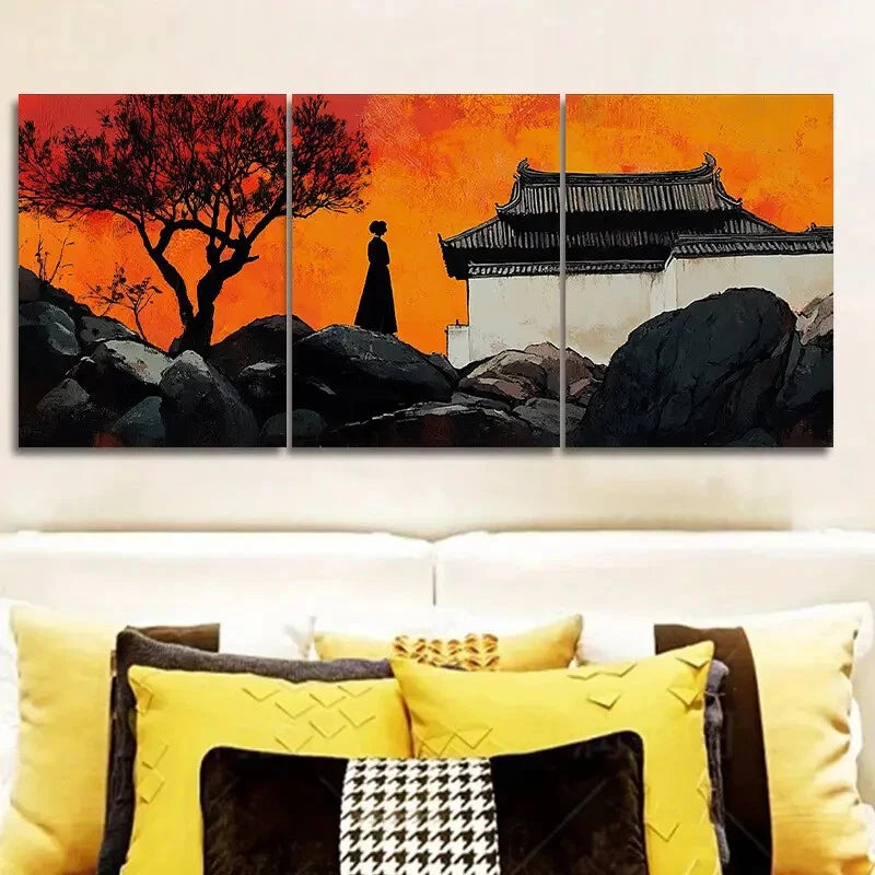 3-Piece Vibrant Sunset Silhouette Metal Wall Art - Ready to Hang Home Decor for Living Room, Bedroom & Office