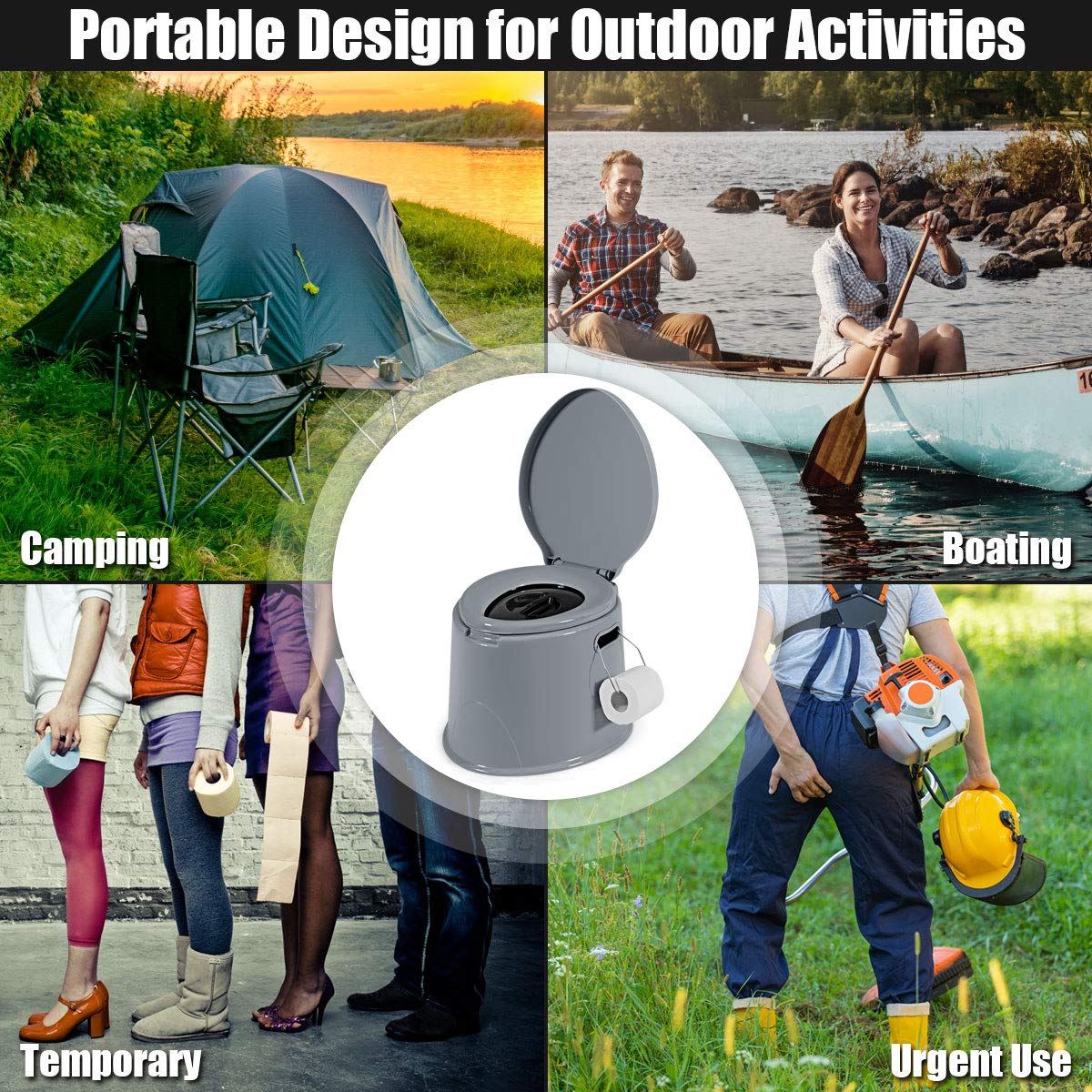 Portable Travel Toilet with Detachable Inner Bucket & Toilet Paper Holder - Lightweight Outdoor Camping Toilet for RV, Boating, Hiking & Emergency Use - Compact Indoor/Outdoor Commode (Gray) - Perfect for Camping Trips, Road Trips, Boating Adventures & Emergency Preparedness