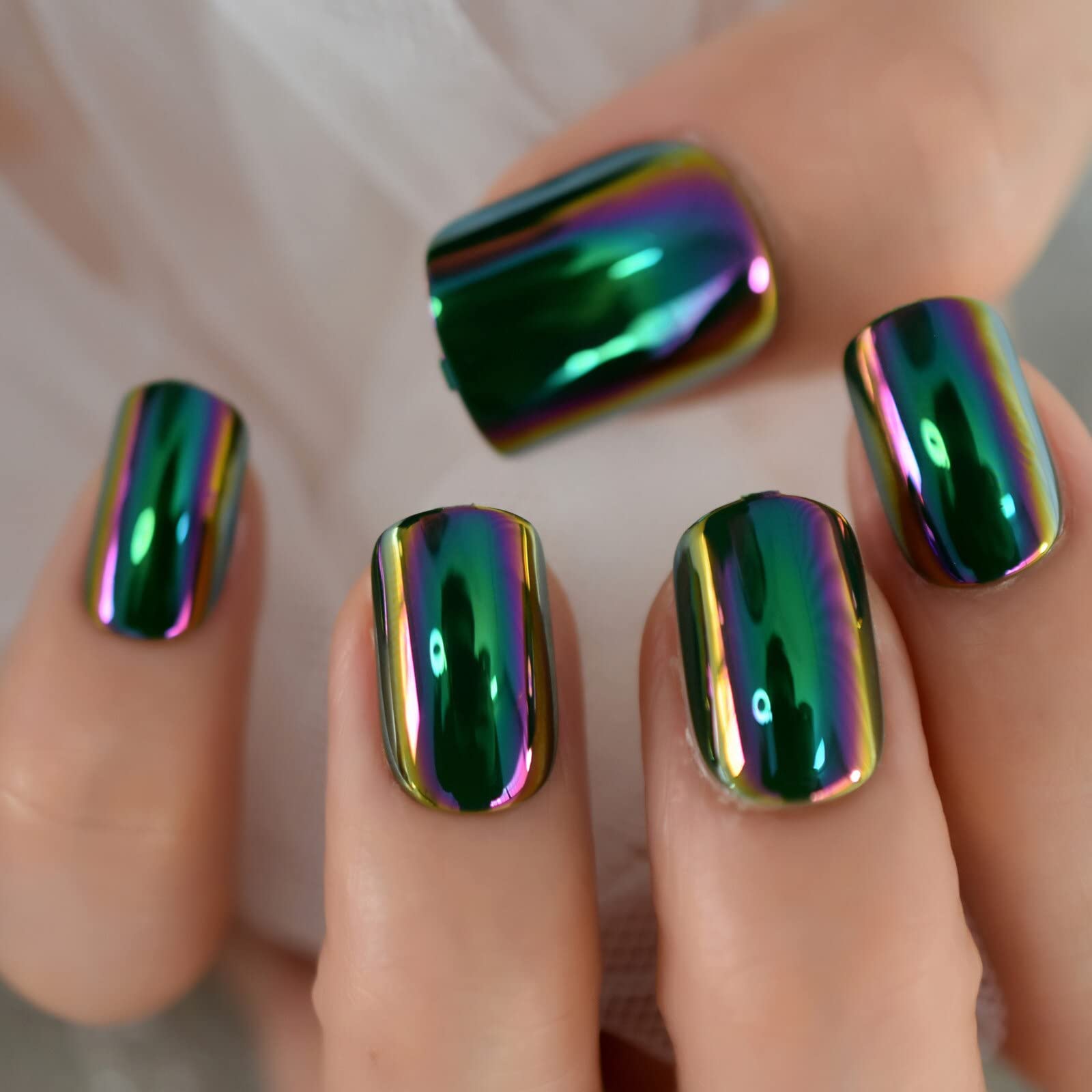 Reusable Green Square Short False Nails - Mirror Chrome & Holographic Magic Reflection Effect - Perfect for Parties, Cosplay, and Special Occasions
