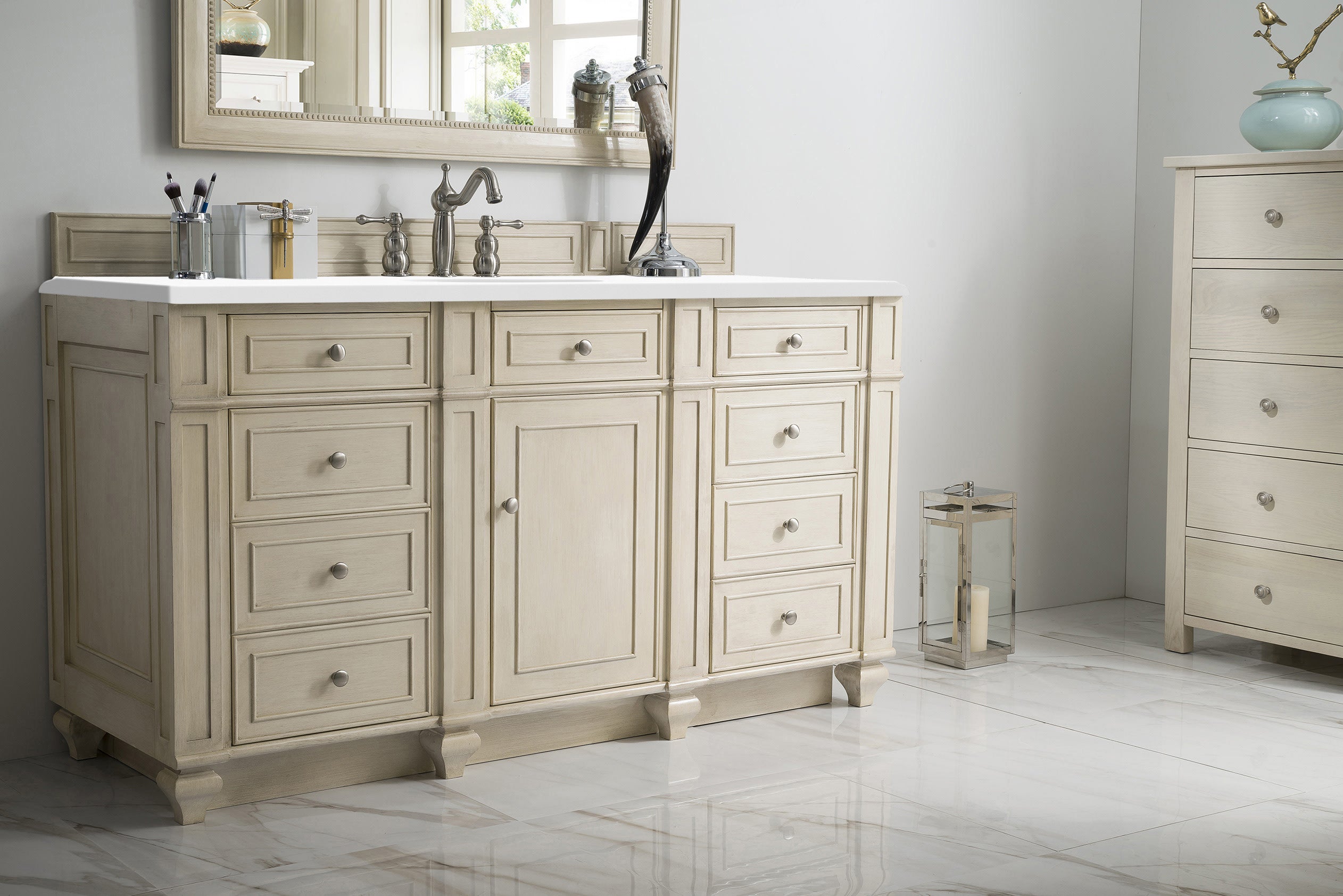 Bristol 60 Inch Single Bathroom Vanity Set with 3CM Classic White Quartz Countertop in Vintage Vanilla - Perfect for Modern Farmhouse & Coastal Style Bathroom Remodels