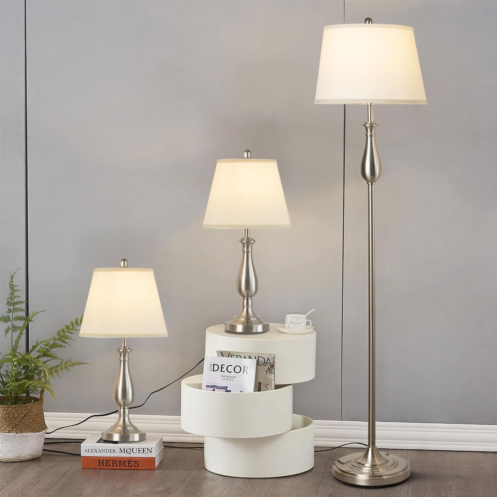 Depuley 3-Piece Modern Lamp Set - 2 Table Lamps & 1 Floor Lamp with White Linen Shades, Silver Metal Finish for Living Room, Bedroom, Office | Perfect for Ambient Lighting and Home Decor