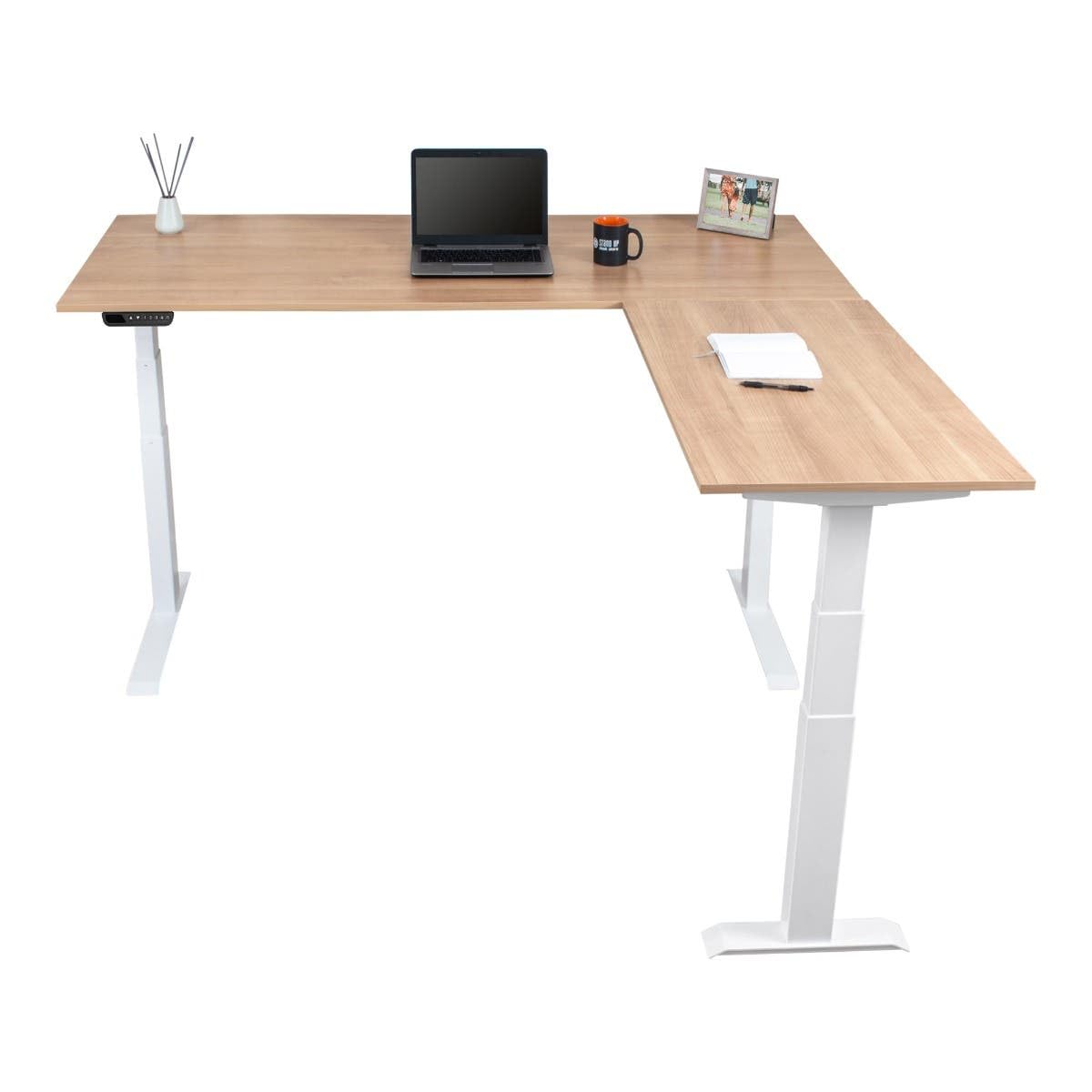 Triple Motor Electric L-Shaped Corner Standing Desk - White Frame with Natural Walnut Top (71